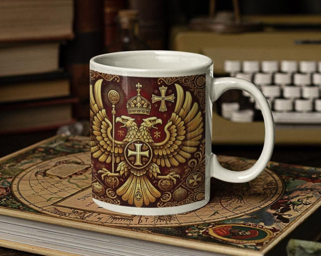 Serbian Orthodox Christian 11oz ceramic mug with a faith-inspired design. Durable, microwave- and dishwasher-safe, ideal for coffee, tea, or as a thoughtful gift for baptisms, name days, or Serbian Orthodox holidays