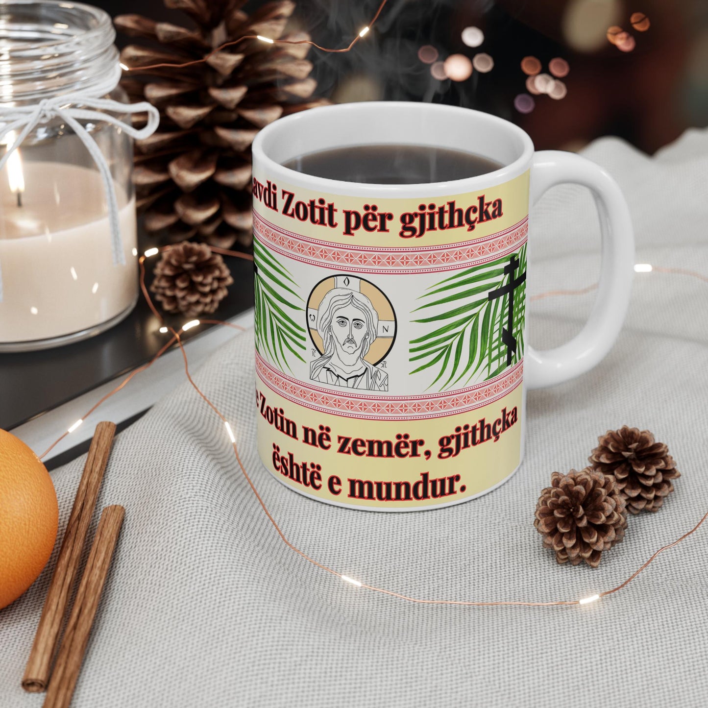 Albanian Orthodox Christian 11oz ceramic mug with a faith-inspired design. Durable, microwave- and dishwasher-safe, perfect for coffee, tea, or as a thoughtful gift for baptisms, name days, or Albanian Orthodox celebrations.
