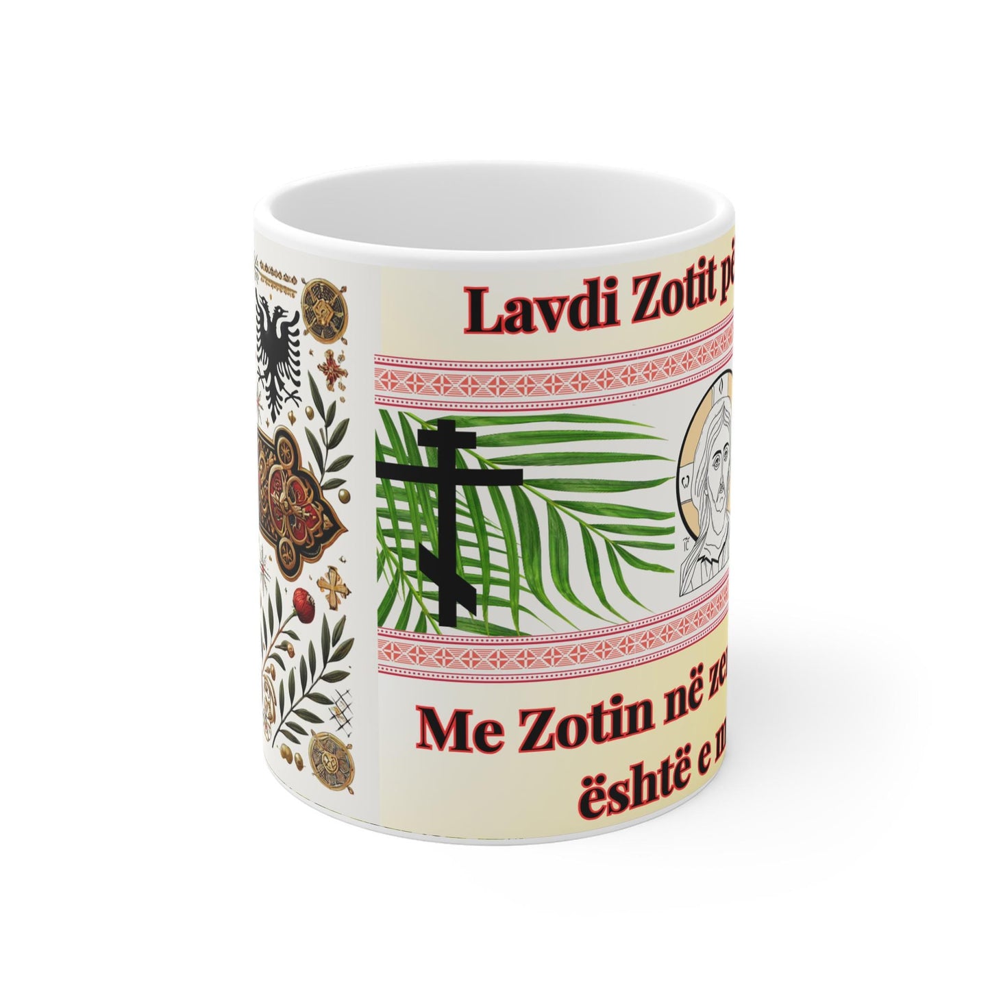 Albanian Orthodox Christian 11oz ceramic mug with a faith-inspired design. Durable, microwave- and dishwasher-safe, perfect for coffee, tea, or as a thoughtful gift for baptisms, name days, or Albanian Orthodox celebrations.