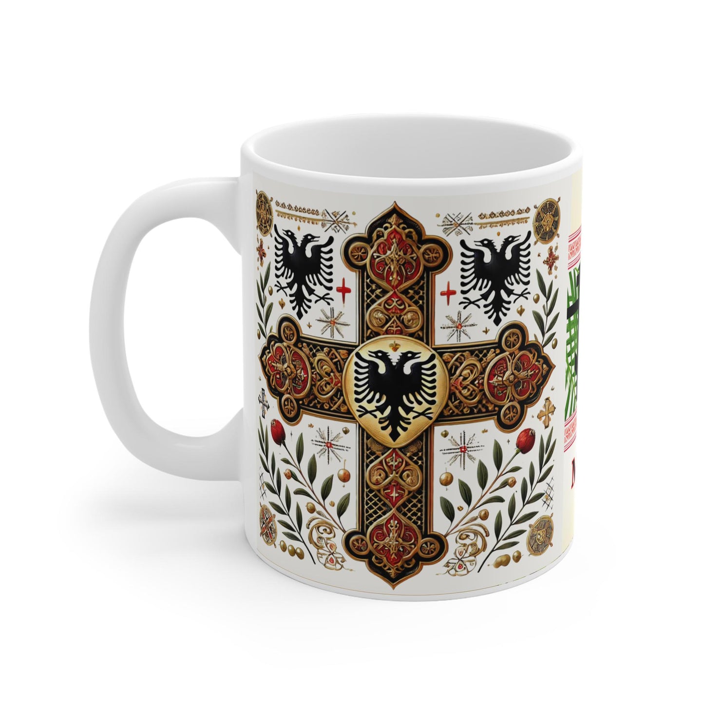 Albanian Orthodox Christian 11oz ceramic mug with a faith-inspired design. Durable, microwave- and dishwasher-safe, perfect for coffee, tea, or as a thoughtful gift for baptisms, name days, or Albanian Orthodox celebrations.