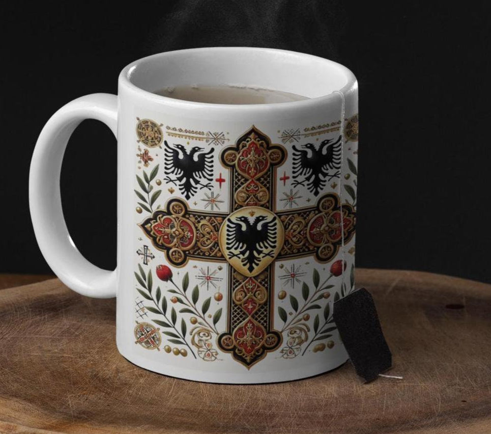 Albanian Orthodox Christian 11oz ceramic mug with a faith-inspired design. Durable, microwave- and dishwasher-safe, perfect for coffee, tea, or as a thoughtful gift for baptisms, name days, or Albanian Orthodox celebrations.