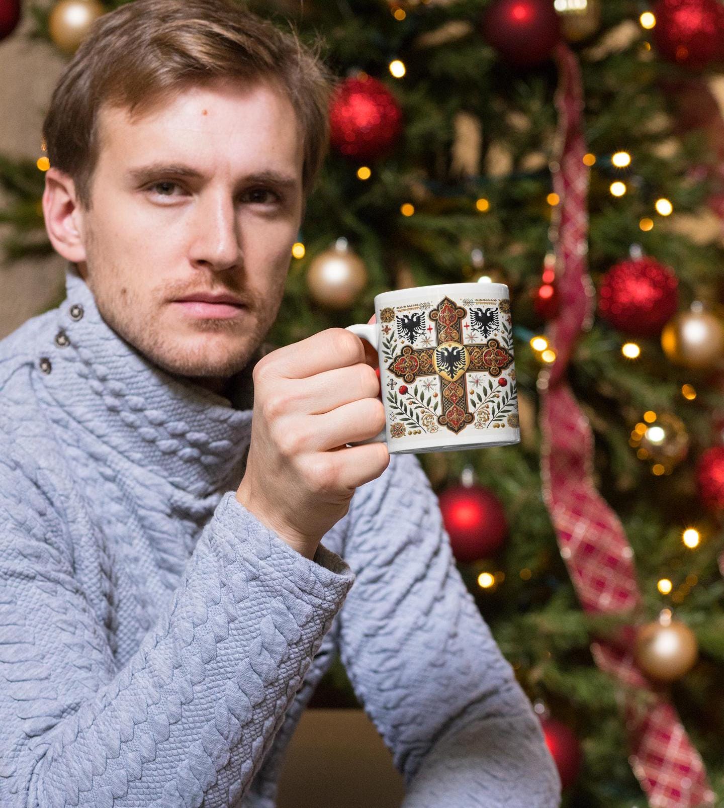 Albanian Orthodox Christian 11oz ceramic mug with a faith-inspired design. Durable, microwave- and dishwasher-safe, perfect for coffee, tea, or as a thoughtful gift for baptisms, name days, or Albanian Orthodox celebrations.