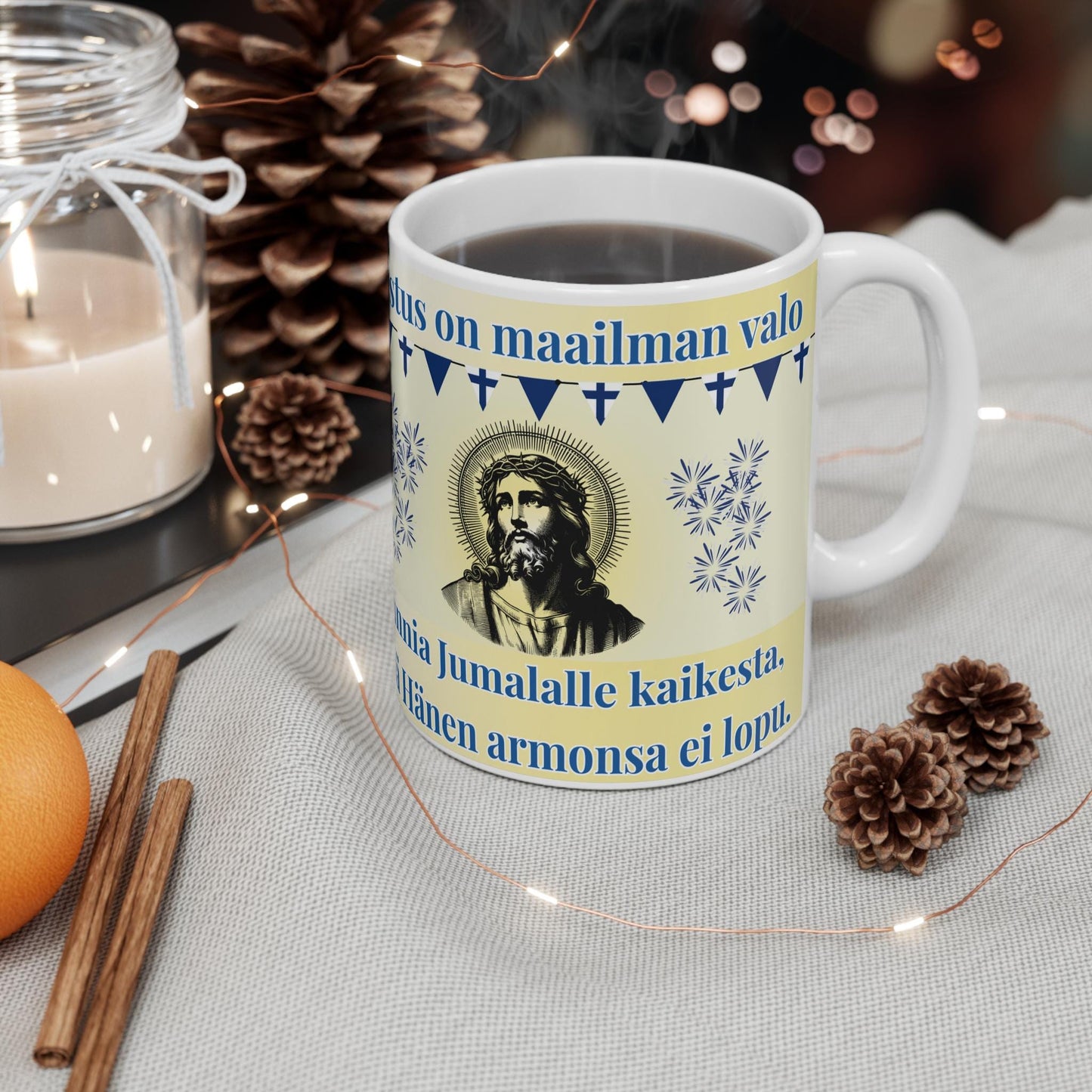 Finnish Orthodox Christian 11oz ceramic mug with a faith-inspired design. Durable, microwave- and dishwasher-safe, perfect for coffee, tea, or as a meaningful gift for baptisms, name days, or Finnish Orthodox celebrations