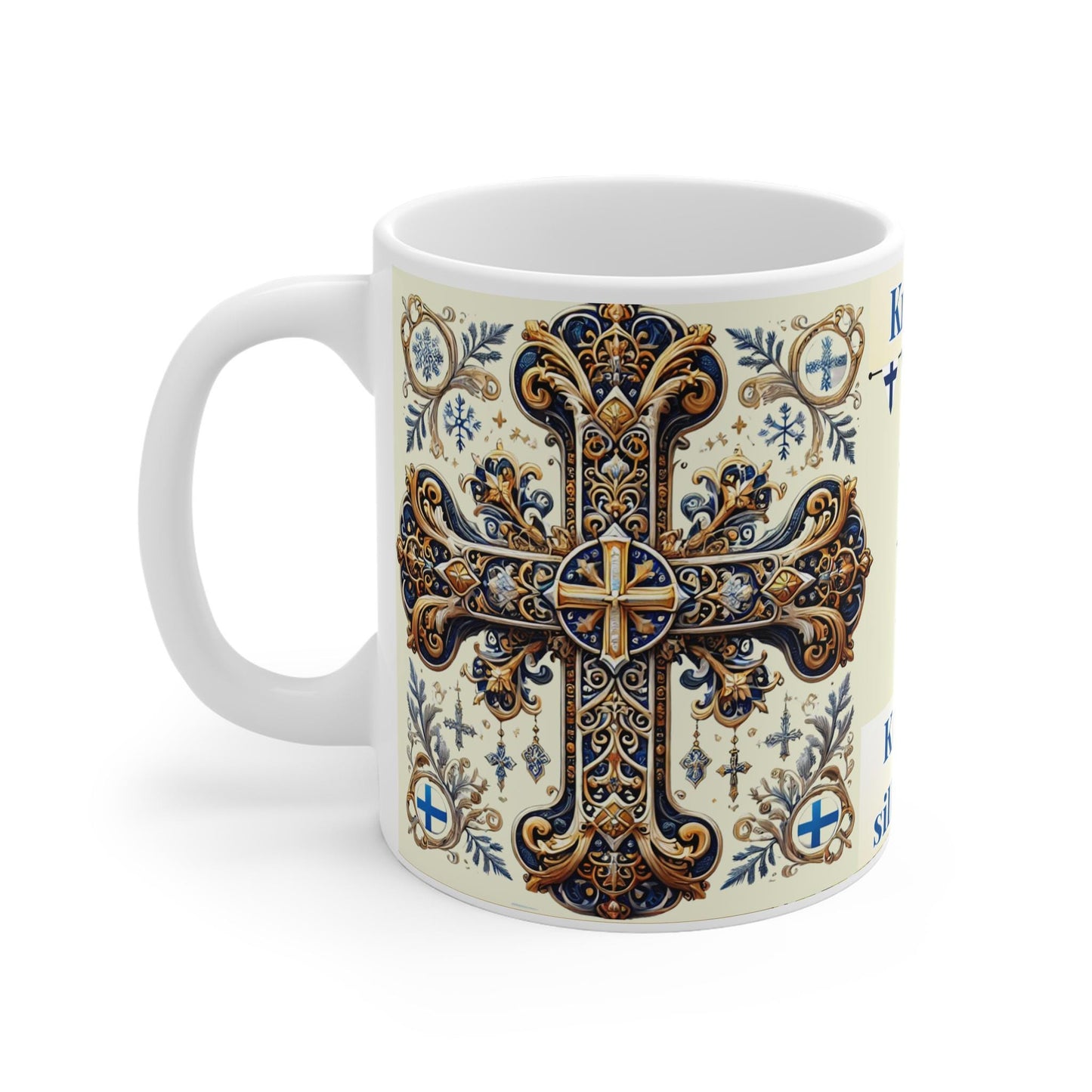 Finnish Orthodox Christian 11oz ceramic mug with a faith-inspired design. Durable, microwave- and dishwasher-safe, perfect for coffee, tea, or as a meaningful gift for baptisms, name days, or Finnish Orthodox celebrations
