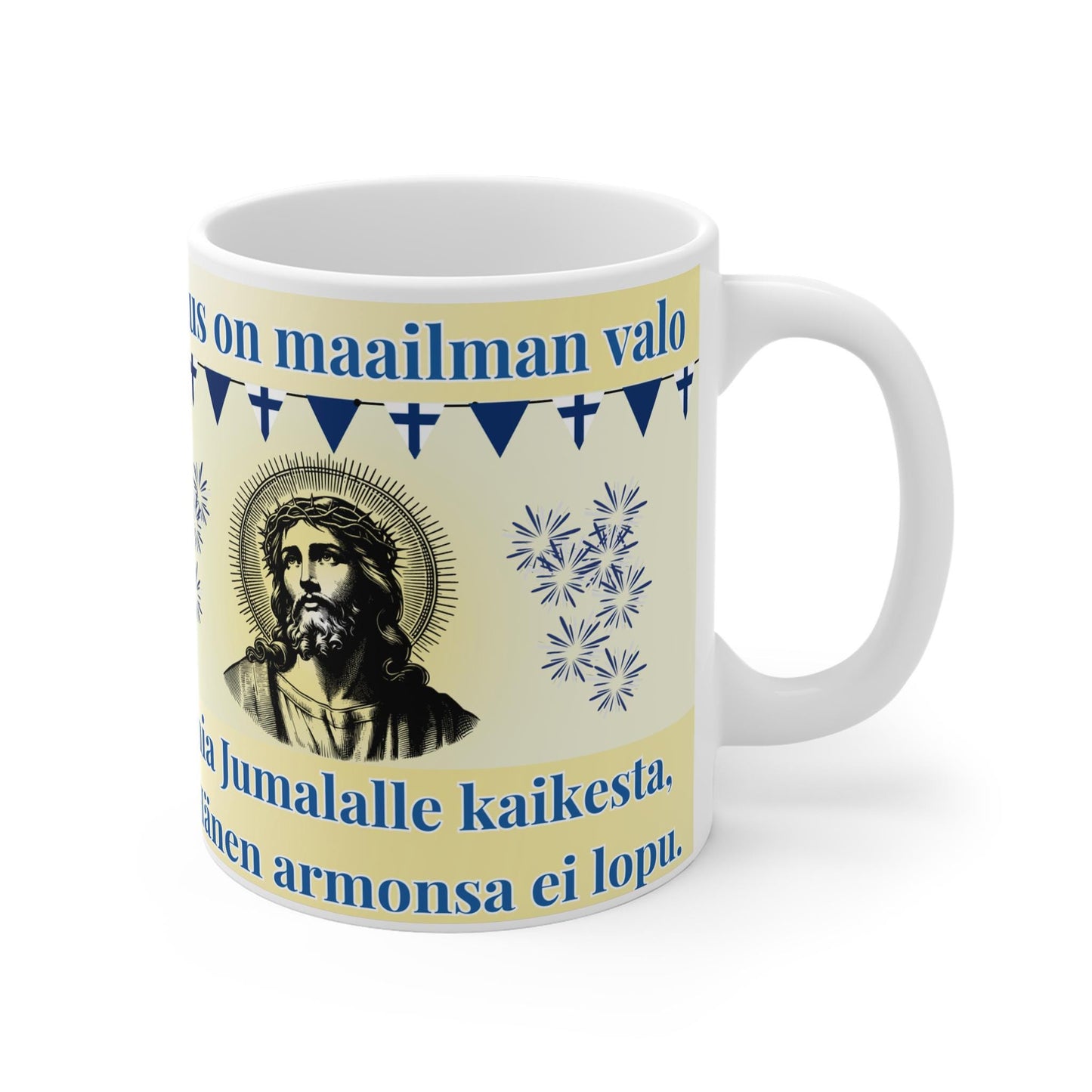 Finnish Orthodox Christian 11oz ceramic mug with a faith-inspired design. Durable, microwave- and dishwasher-safe, perfect for coffee, tea, or as a meaningful gift for baptisms, name days, or Finnish Orthodox celebrations