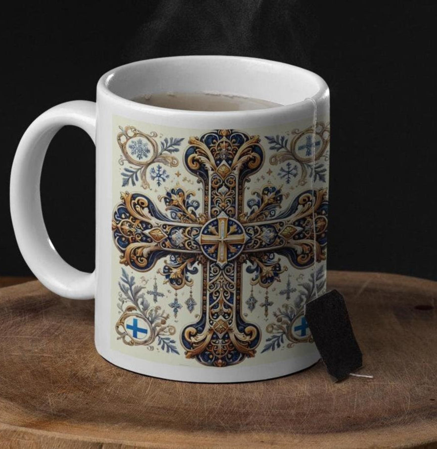 Finnish Orthodox Christian 11oz ceramic mug with a faith-inspired design. Durable, microwave- and dishwasher-safe, perfect for coffee, tea, or as a meaningful gift for baptisms, name days, or Finnish Orthodox celebrations