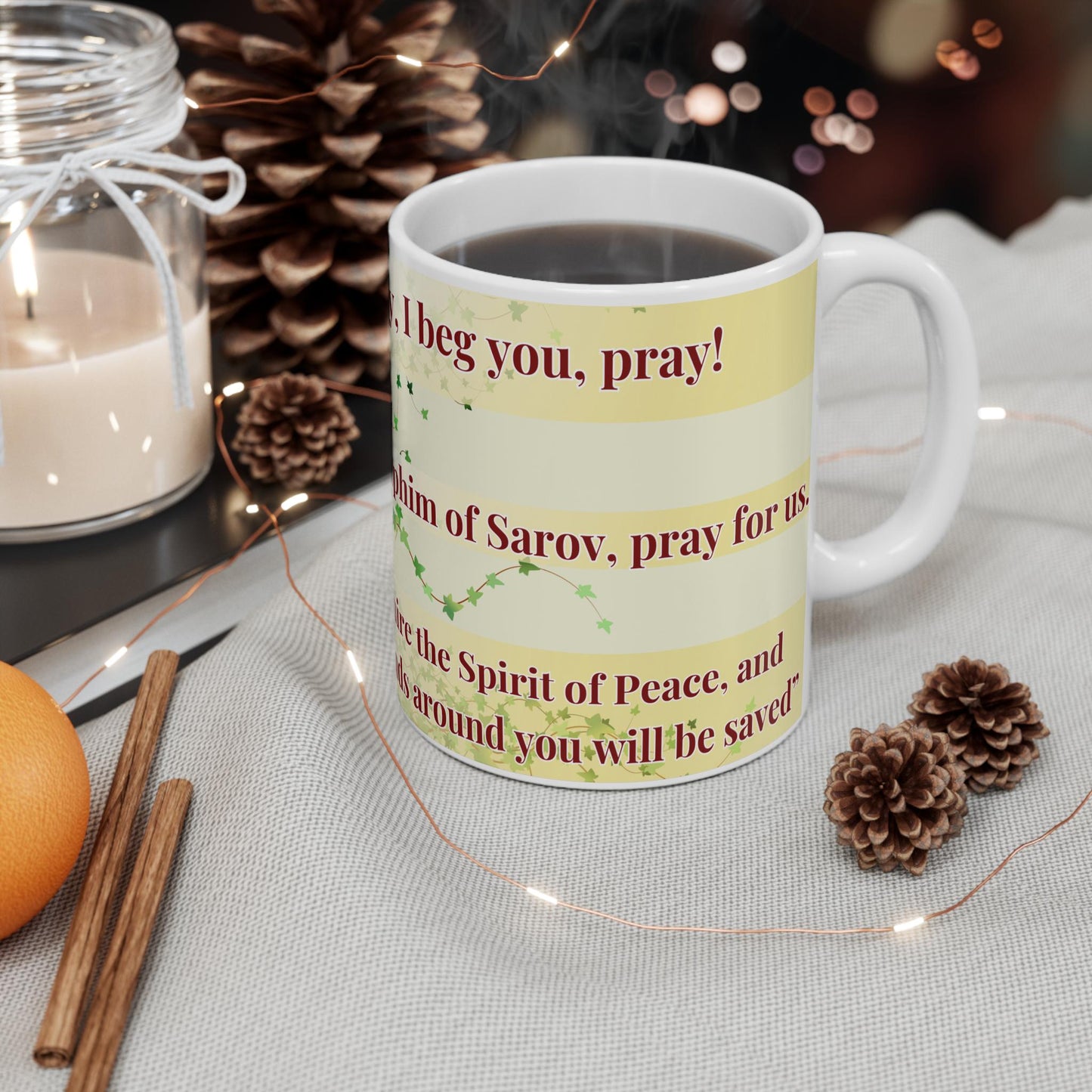 Saint Seraphim of Sarov 11oz ceramic mug with a detailed Orthodox Christian design. Durable, microwave- and dishwasher-safe, perfect for coffee, tea, or as a thoughtful gift for baptisms, name days, or celebrations of faith