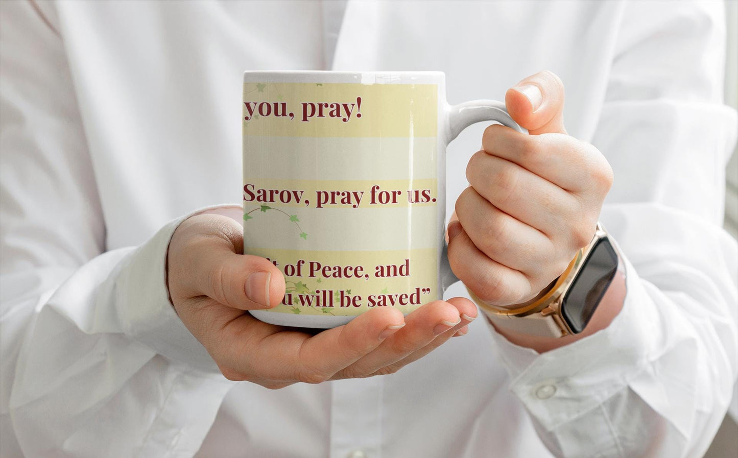 Saint Seraphim of Sarov 11oz ceramic mug with a detailed Orthodox Christian design. Durable, microwave- and dishwasher-safe, perfect for coffee, tea, or as a thoughtful gift for baptisms, name days, or celebrations of faith