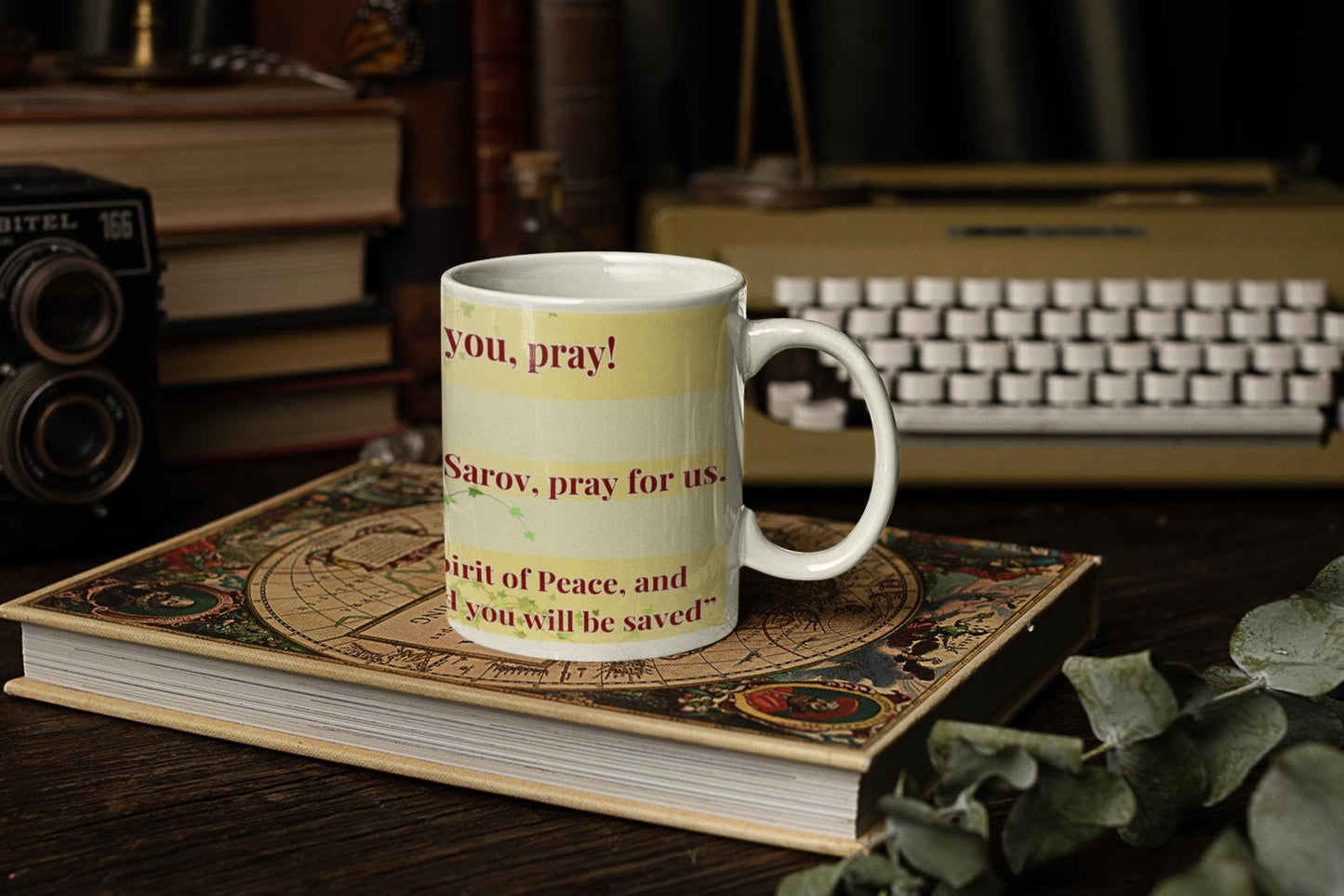 Saint Seraphim of Sarov 11oz ceramic mug with a detailed Orthodox Christian design. Durable, microwave- and dishwasher-safe, perfect for coffee, tea, or as a thoughtful gift for baptisms, name days, or celebrations of faith