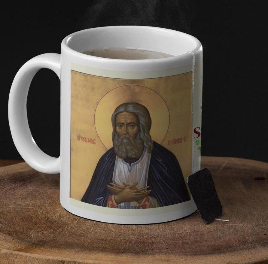 Saint Seraphim of Sarov 11oz ceramic mug with a detailed Orthodox Christian design. Durable, microwave- and dishwasher-safe, perfect for coffee, tea, or as a thoughtful gift for baptisms, name days, or celebrations of faith