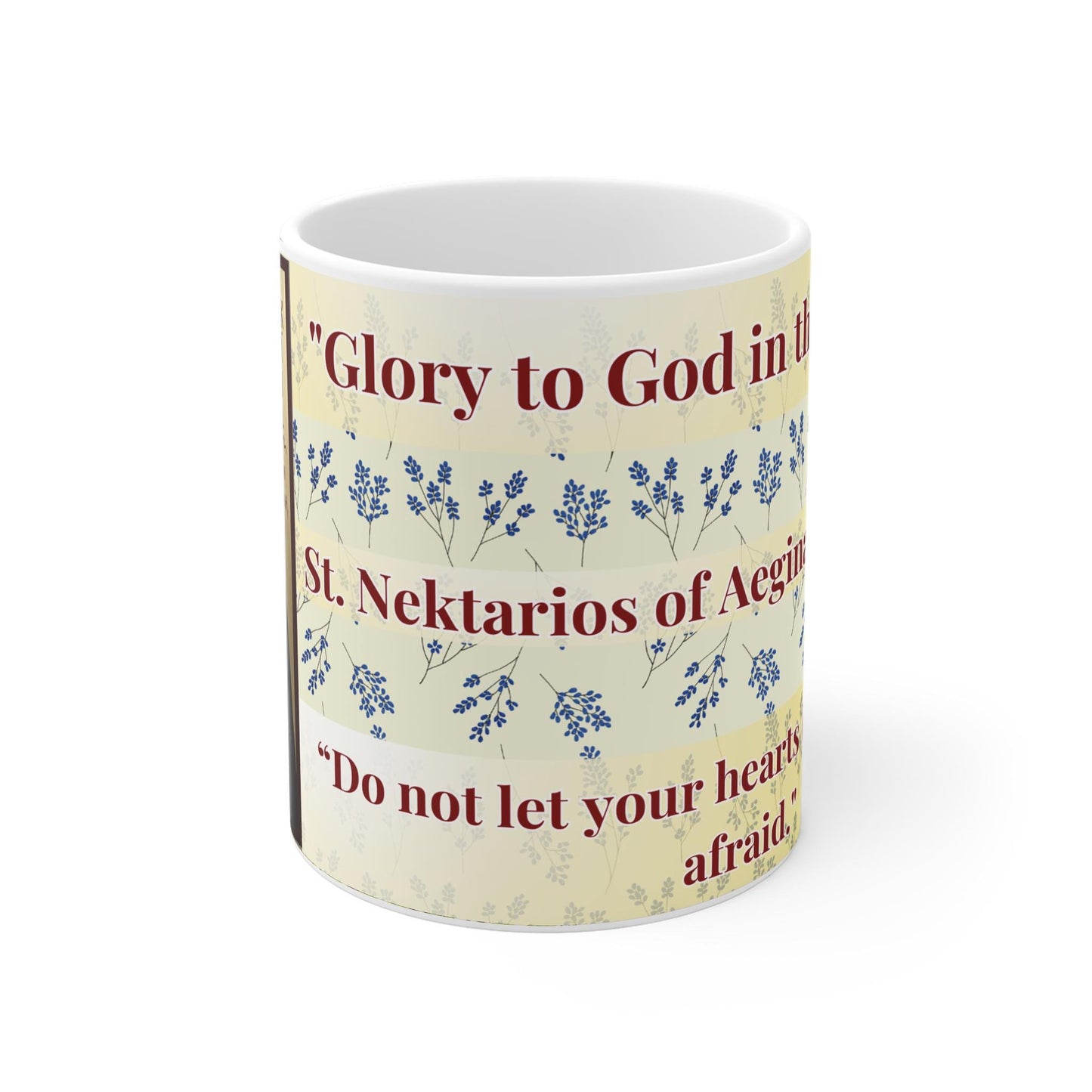 Saint Nektarios of Aegina 11oz ceramic mug with a detailed Orthodox Christian design. Durable, microwave- and dishwasher-safe, perfect for coffee, tea, or as a meaningful gift for baptisms, name days, or celebrations of faith