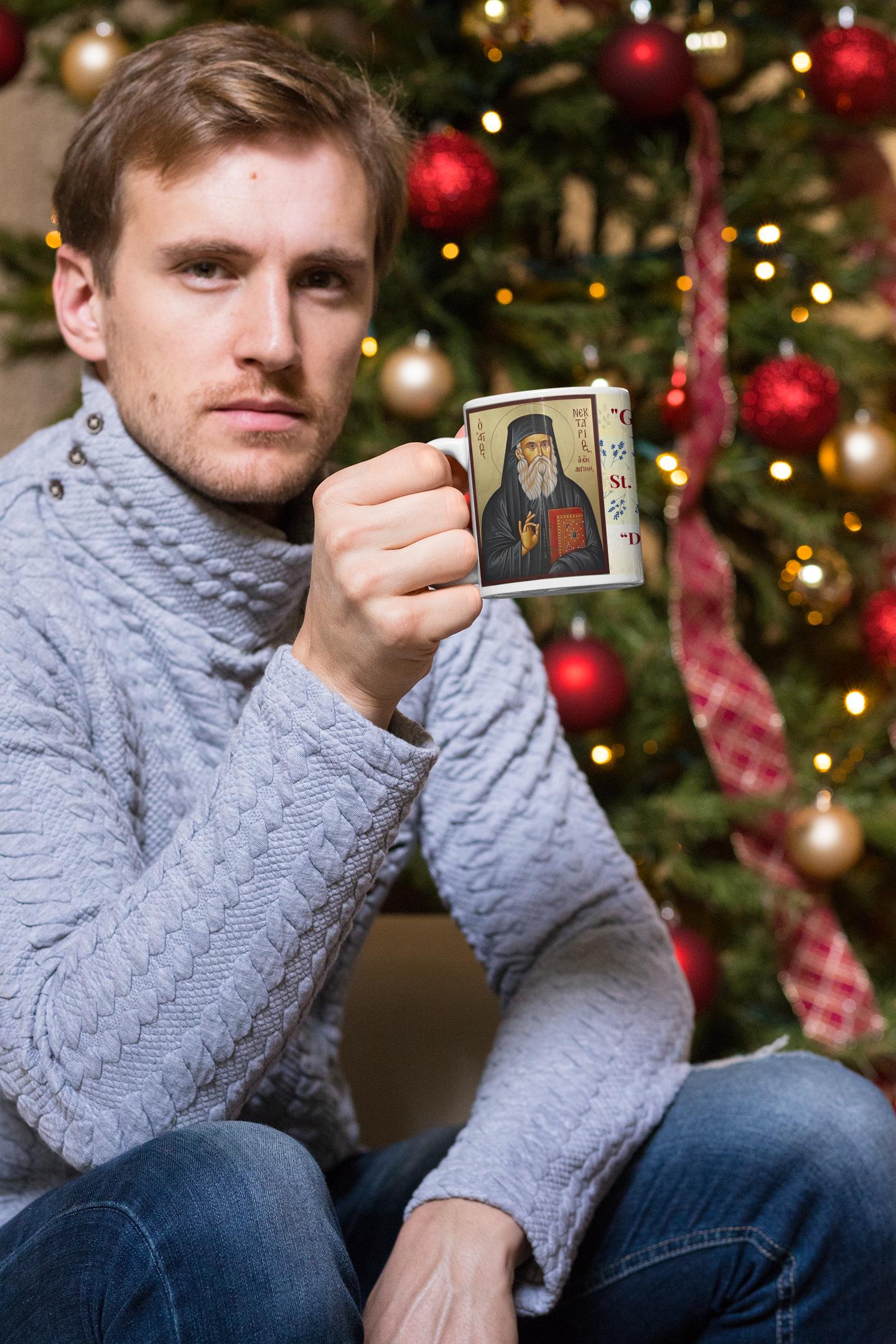Saint Nektarios of Aegina 11oz ceramic mug with a detailed Orthodox Christian design. Durable, microwave- and dishwasher-safe, perfect for coffee, tea, or as a meaningful gift for baptisms, name days, or celebrations of faith