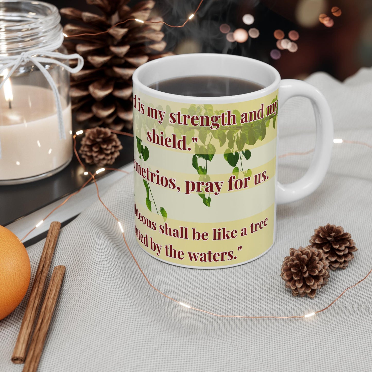 Saint Demetrios of Thessaloniki 11oz ceramic mug with a detailed Orthodox Christian design. Durable, microwave- and dishwasher-safe, perfect for coffee, tea, or as a meaningful gift for baptisms, name days, or celebrations of faith