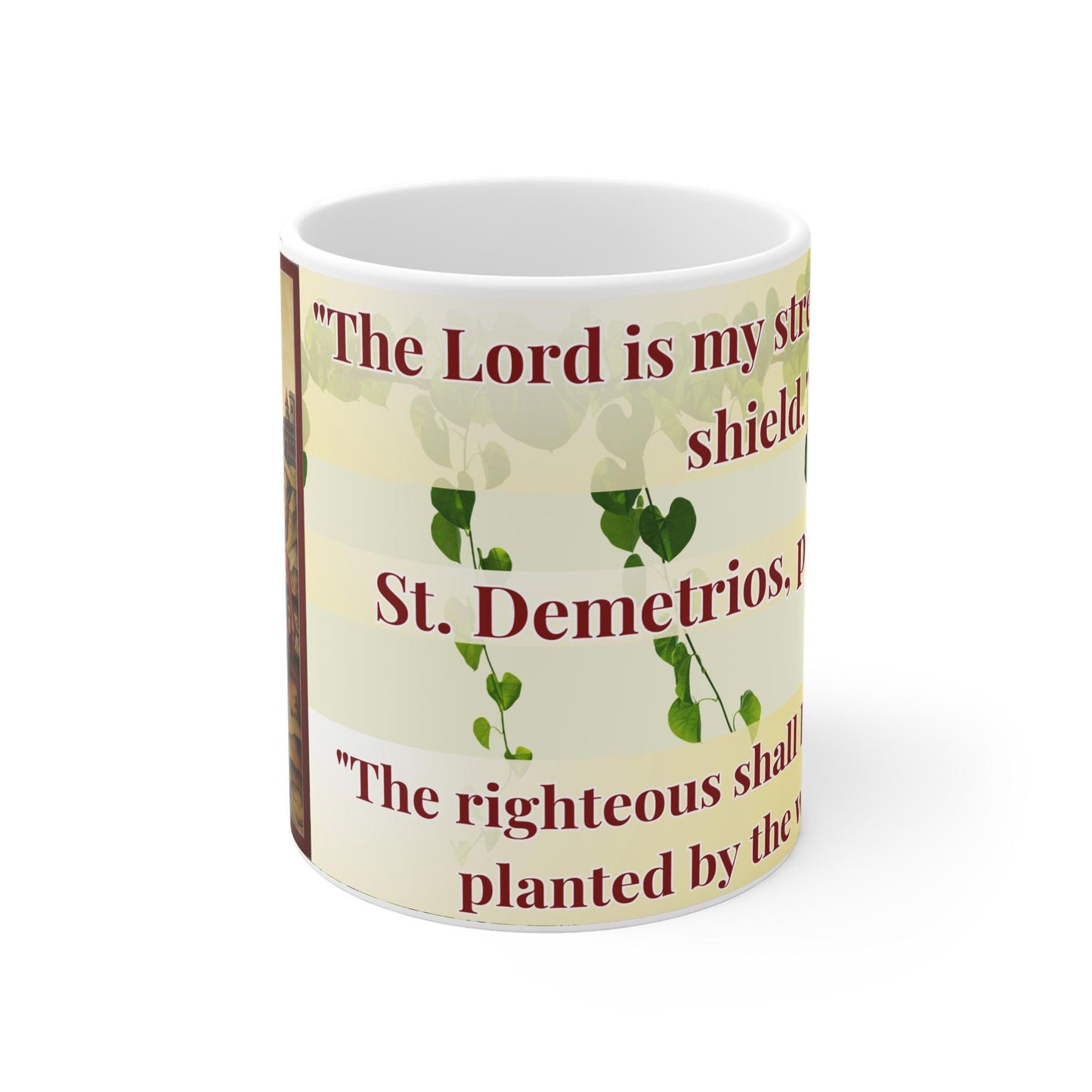 Saint Demetrios of Thessaloniki 11oz ceramic mug with a detailed Orthodox Christian design. Durable, microwave- and dishwasher-safe, perfect for coffee, tea, or as a meaningful gift for baptisms, name days, or celebrations of faith