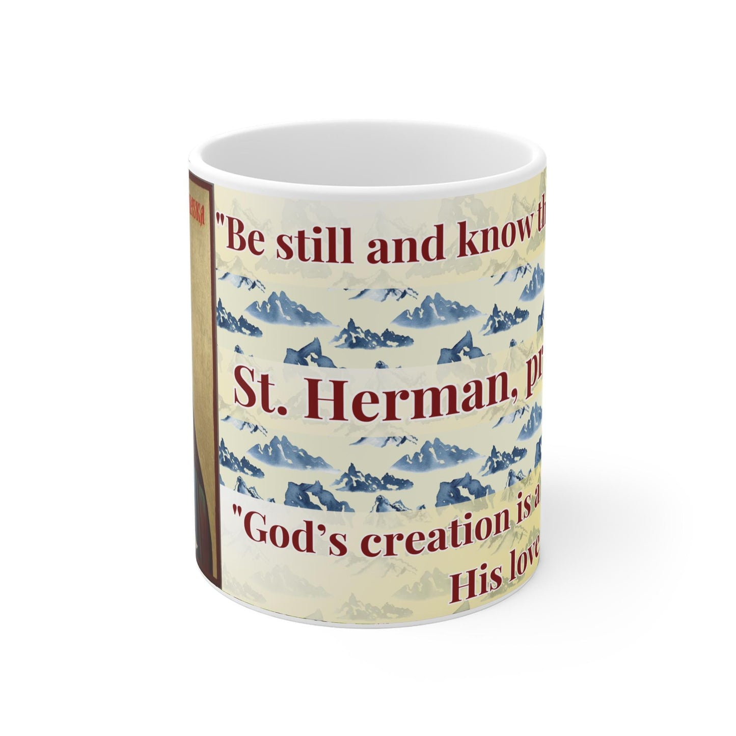 Saint Herman of Alaska 11oz ceramic mug with a detailed Orthodox Christian design. Durable, microwave- and dishwasher-safe, perfect for coffee, tea, or as a meaningful gift for baptisms, name days, or celebrations of faith