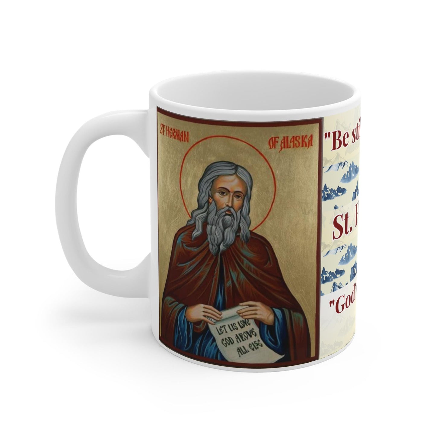 Saint Herman of Alaska 11oz ceramic mug with a detailed Orthodox Christian design. Durable, microwave- and dishwasher-safe, perfect for coffee, tea, or as a meaningful gift for baptisms, name days, or celebrations of faith