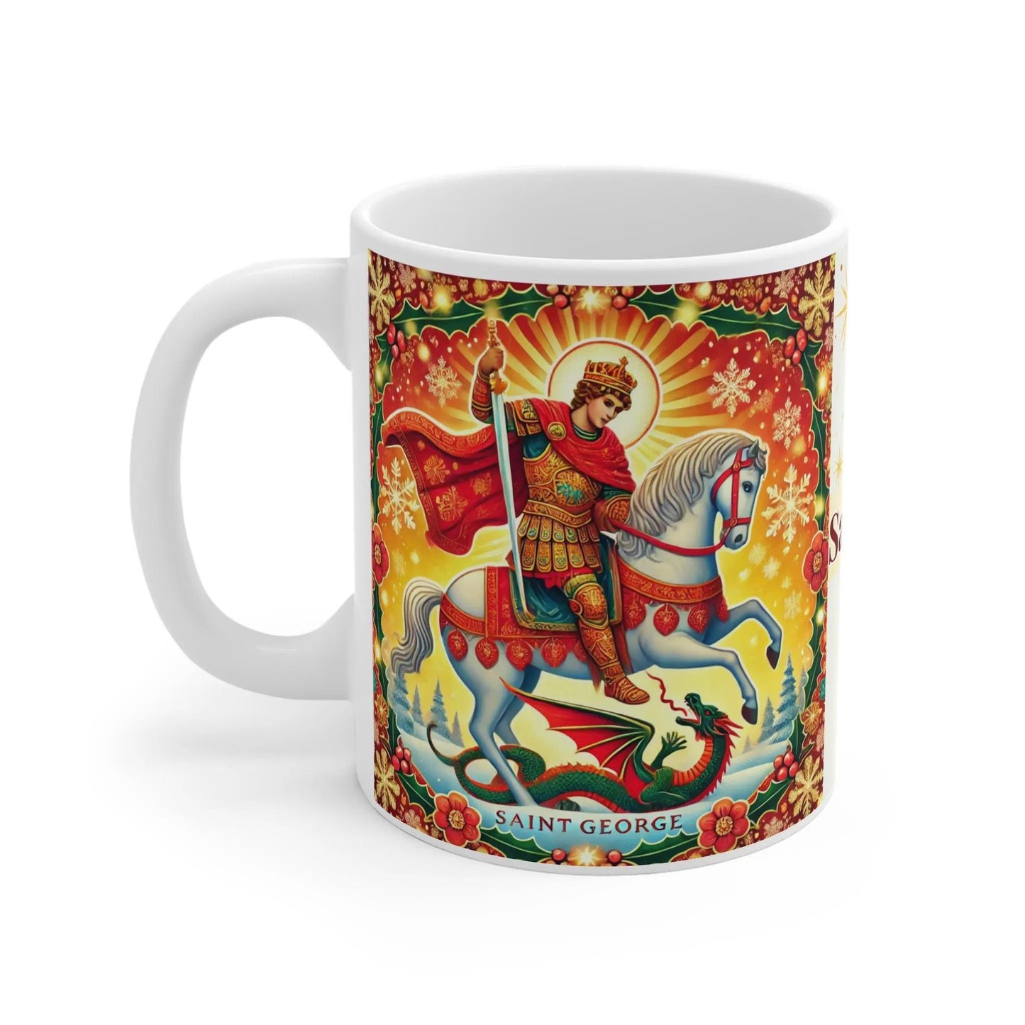 Celebrate Saint George with this vibrant festive mug, featuring a beautiful Orthodox Christian icon. Perfect as a thoughtful gift or for daily use. Dishwasher- and microwave-safe ceramic mug with vivid, fade-resistant colors