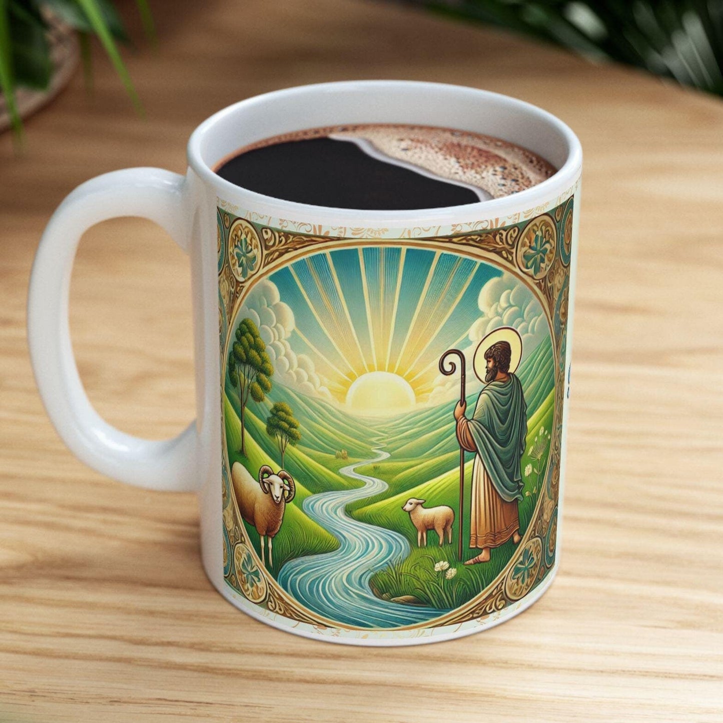 Psalm 23:1 morning prayer ceramic mug featuring the verse 'The Lord is my shepherd; I shall not want.' Durable, microwave- and dishwasher-safe, perfect for coffee, tea, or morning devotionals.