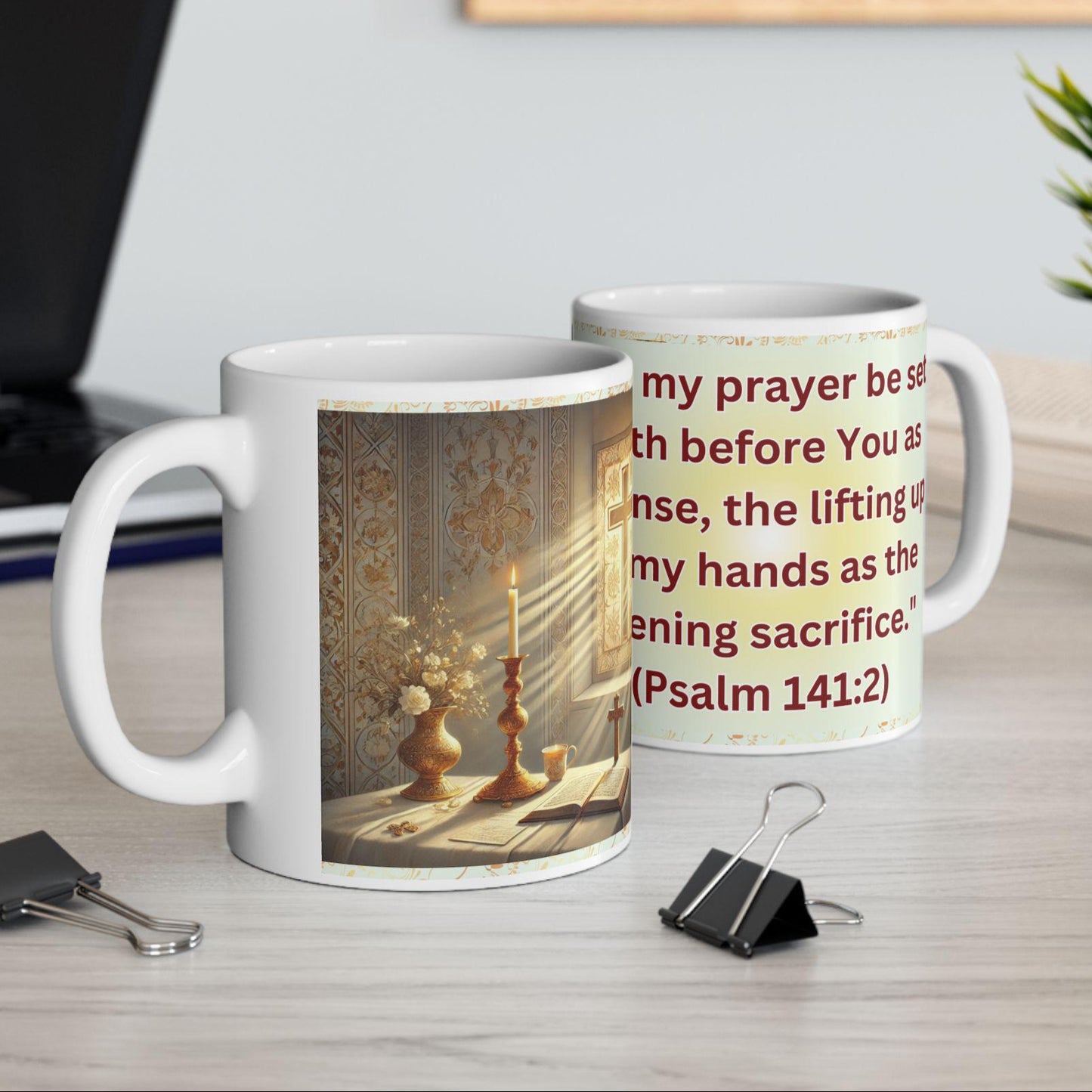 Psalm 141:2 morning prayer ceramic mug featuring the verse 'May my prayer be set before you like incense.' Durable, microwave- and dishwasher-safe, perfect for coffee, tea, or morning devotionals