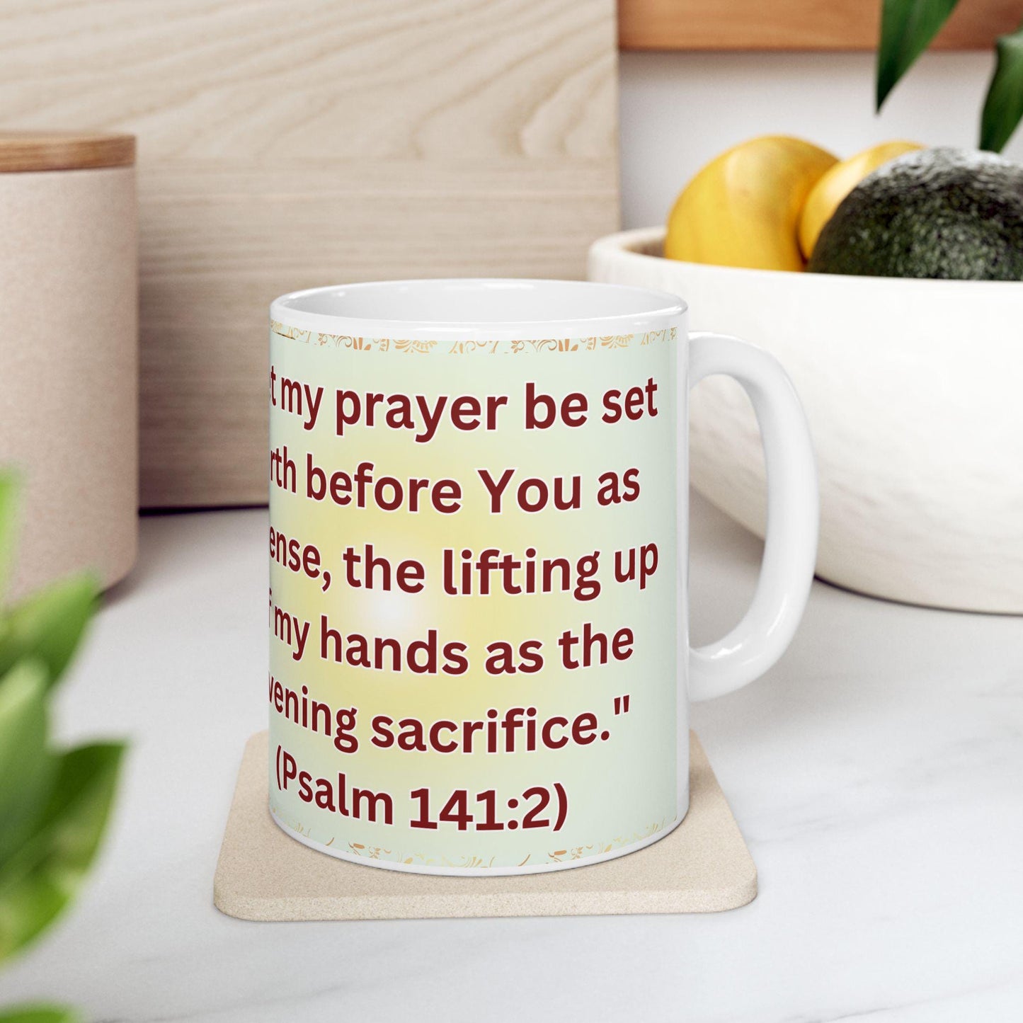 Psalm 141:2 morning prayer ceramic mug featuring the verse 'May my prayer be set before you like incense.' Durable, microwave- and dishwasher-safe, perfect for coffee, tea, or morning devotionals