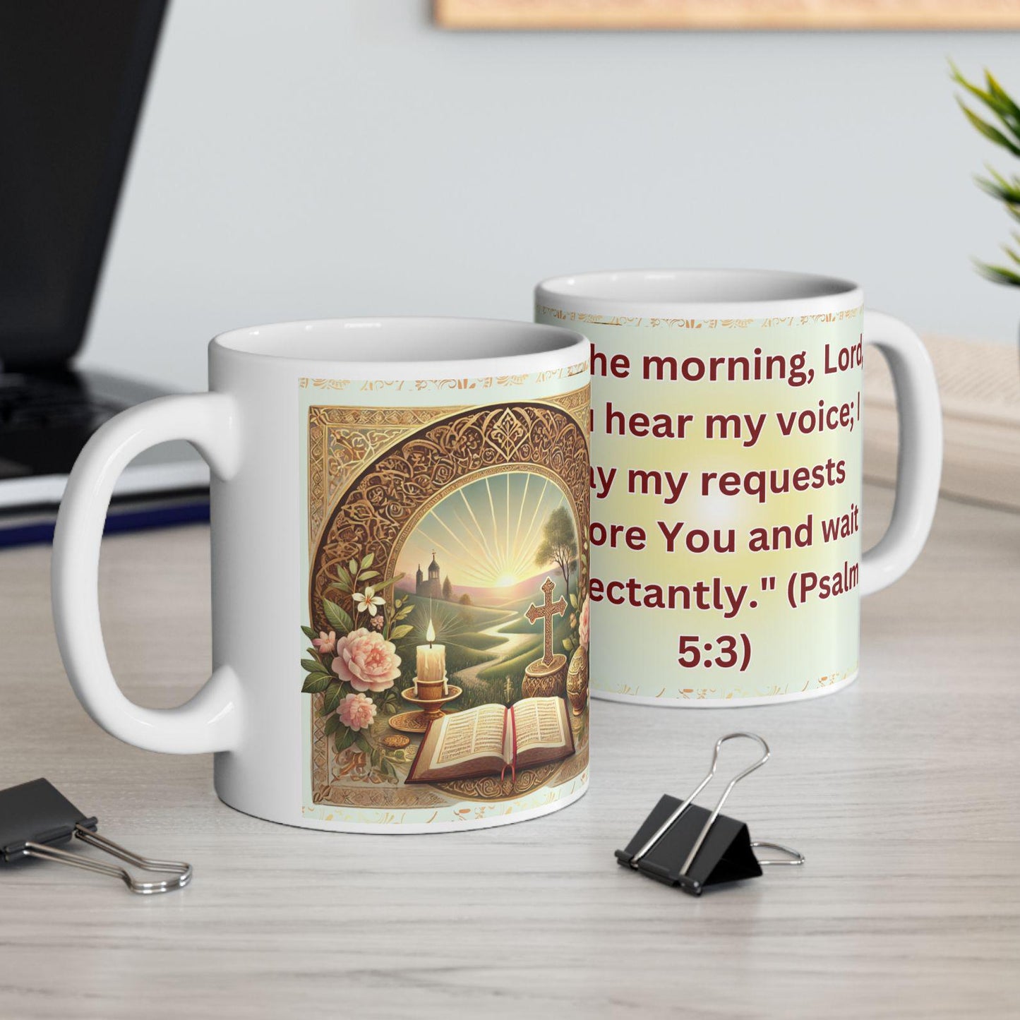 Psalm 5:3 morning prayer ceramic mug featuring the verse 'In the morning, Lord, you hear my voice.' Durable, microwave- and dishwasher-safe, perfect for coffee, tea, or morning devotionals.