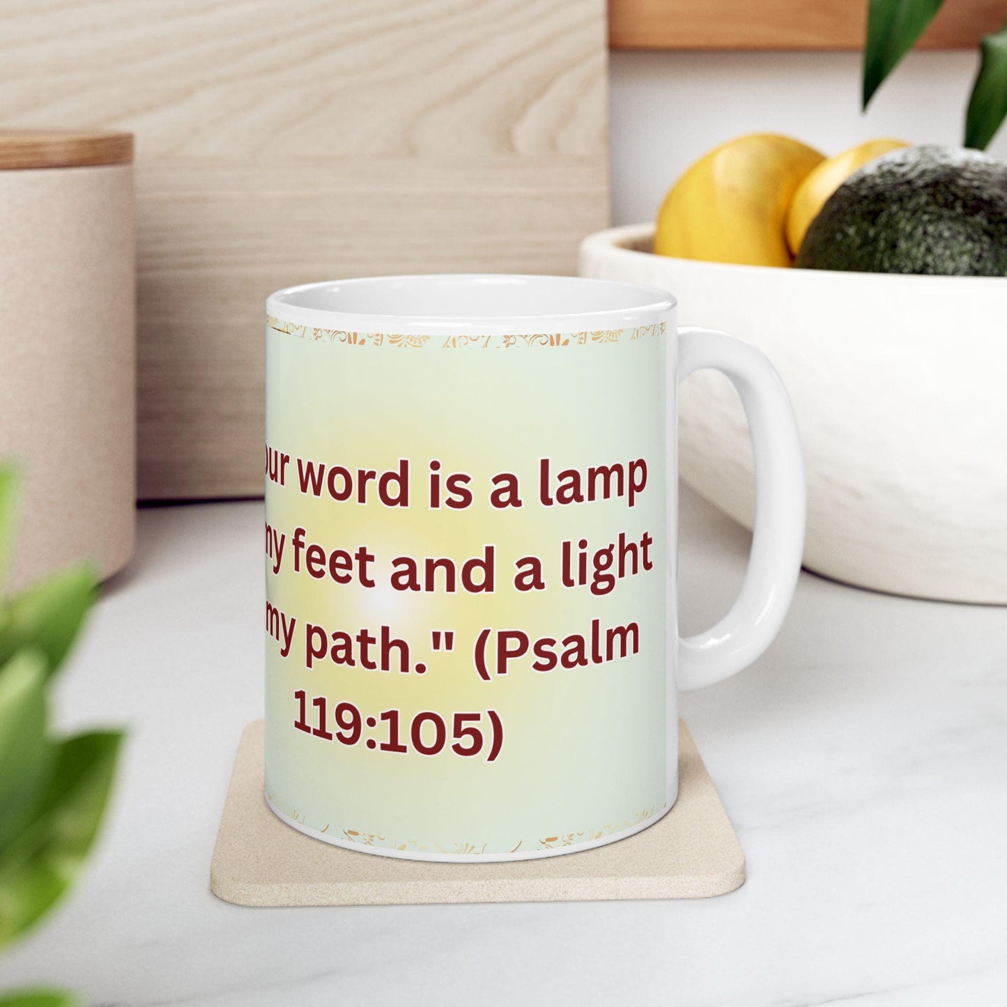Psalm 119:105 morning prayer ceramic mug featuring the verse 'Your word is a lamp to my feet and a light to my path.' Durable, microwave- and dishwasher-safe, perfect for coffee, tea, or morning devotionals