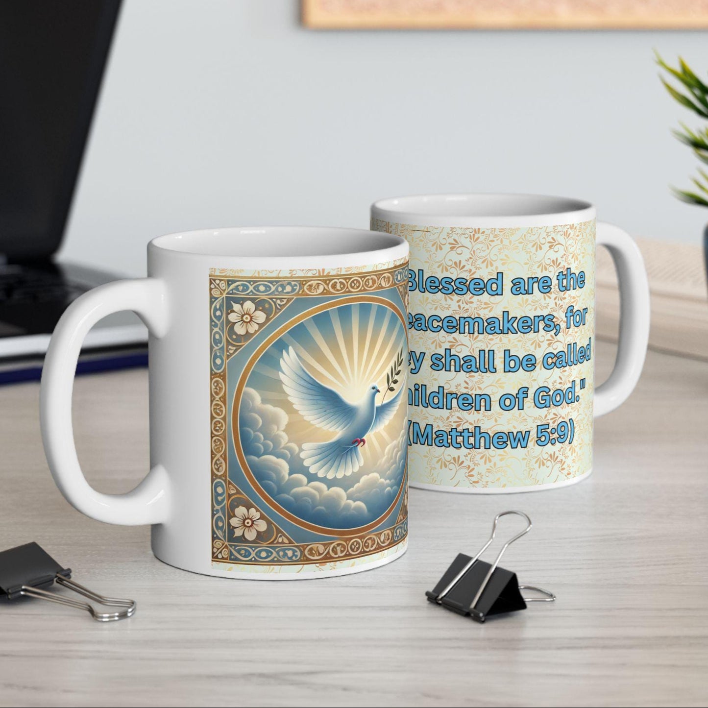 Blessed Are the Peacemakers ceramic mug featuring Matthew 5:9 and a serene dove design. Durable, microwave- and dishwasher-safe, perfect for coffee, tea, or as a meaningful gift for faith-filled moments
