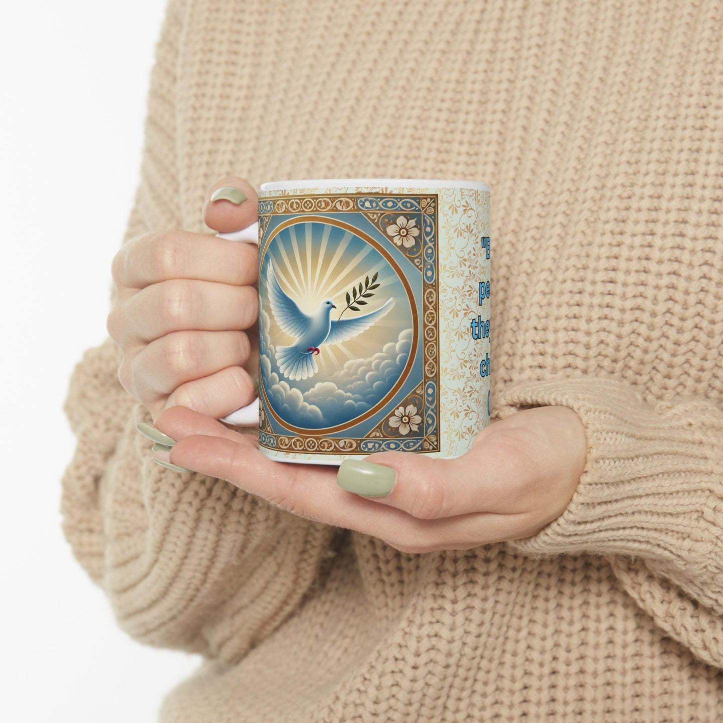 Blessed Are the Peacemakers ceramic mug featuring Matthew 5:9 and a serene dove design. Durable, microwave- and dishwasher-safe, perfect for coffee, tea, or as a meaningful gift for faith-filled moments