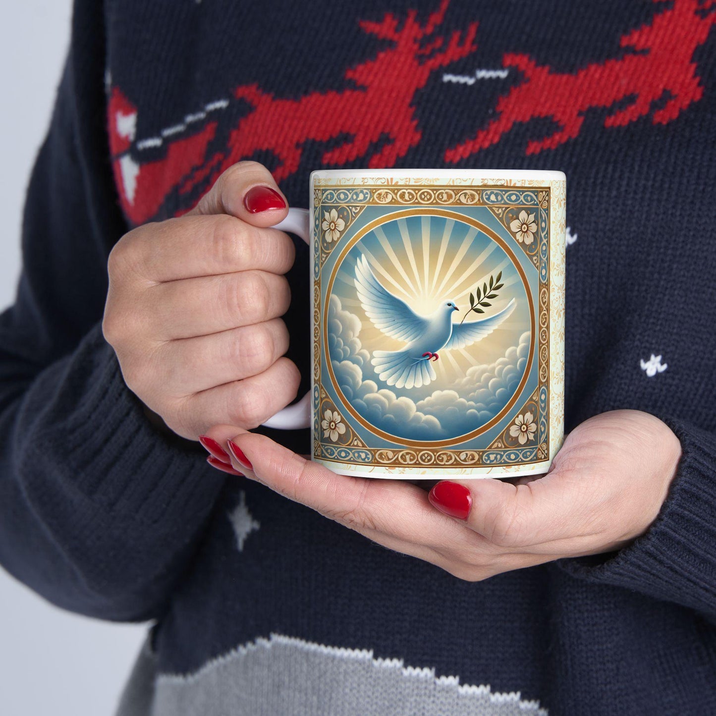 Blessed Are the Peacemakers ceramic mug featuring Matthew 5:9 and a serene dove design. Durable, microwave- and dishwasher-safe, perfect for coffee, tea, or as a meaningful gift for faith-filled moments