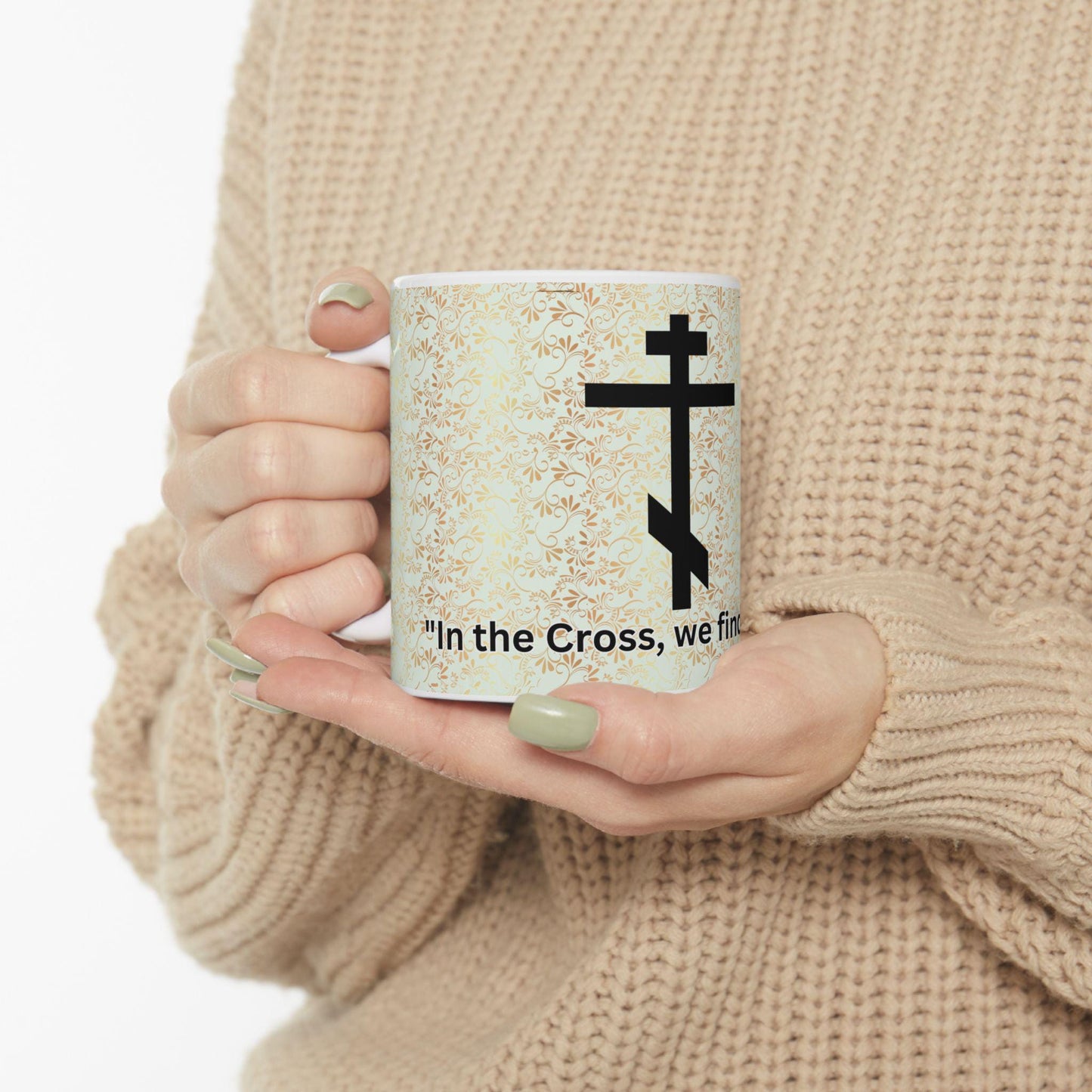 Orthodox Cross ceramic mug featuring a timeless faith-inspired design. Durable, microwave- and dishwasher-safe, perfect for coffee, tea, or as a meaningful gift for baptisms, name days, or church events.