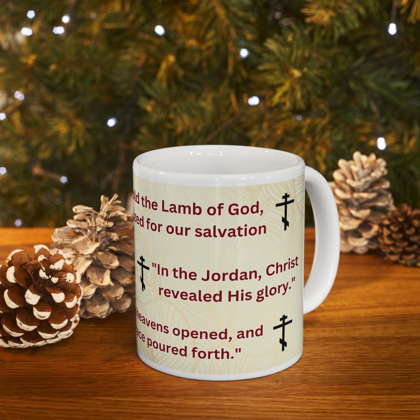 Orthodox Theophany ceramic mug featuring a sacred Baptism of Christ design. Durable, microwave- and dishwasher-safe, perfect for coffee, tea, or as a meaningful gift for Epiphany celebrations.