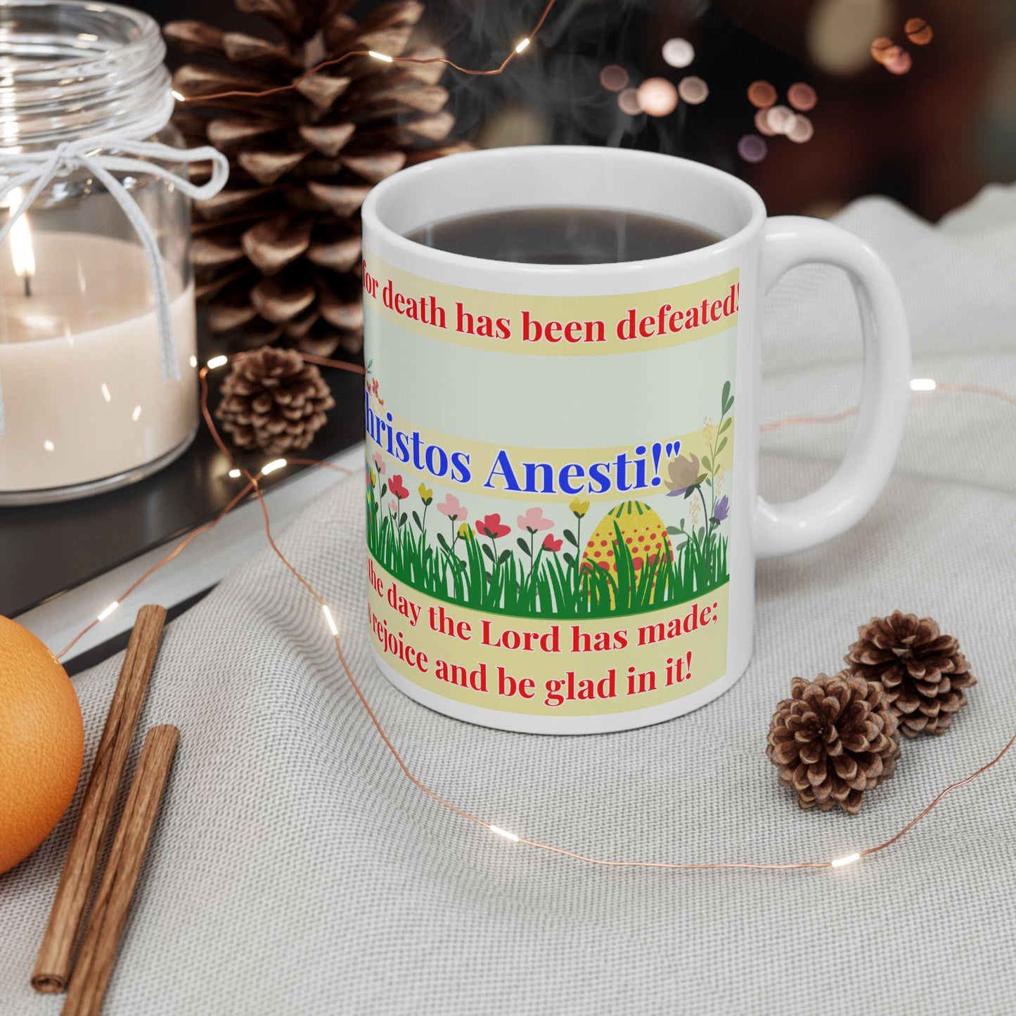 Orthodox Easter ceramic mug featuring a vibrant Resurrection of Christ design. Durable, microwave- and dishwasher-safe, perfect for coffee, tea, or as a meaningful gift for Paschal celebrations