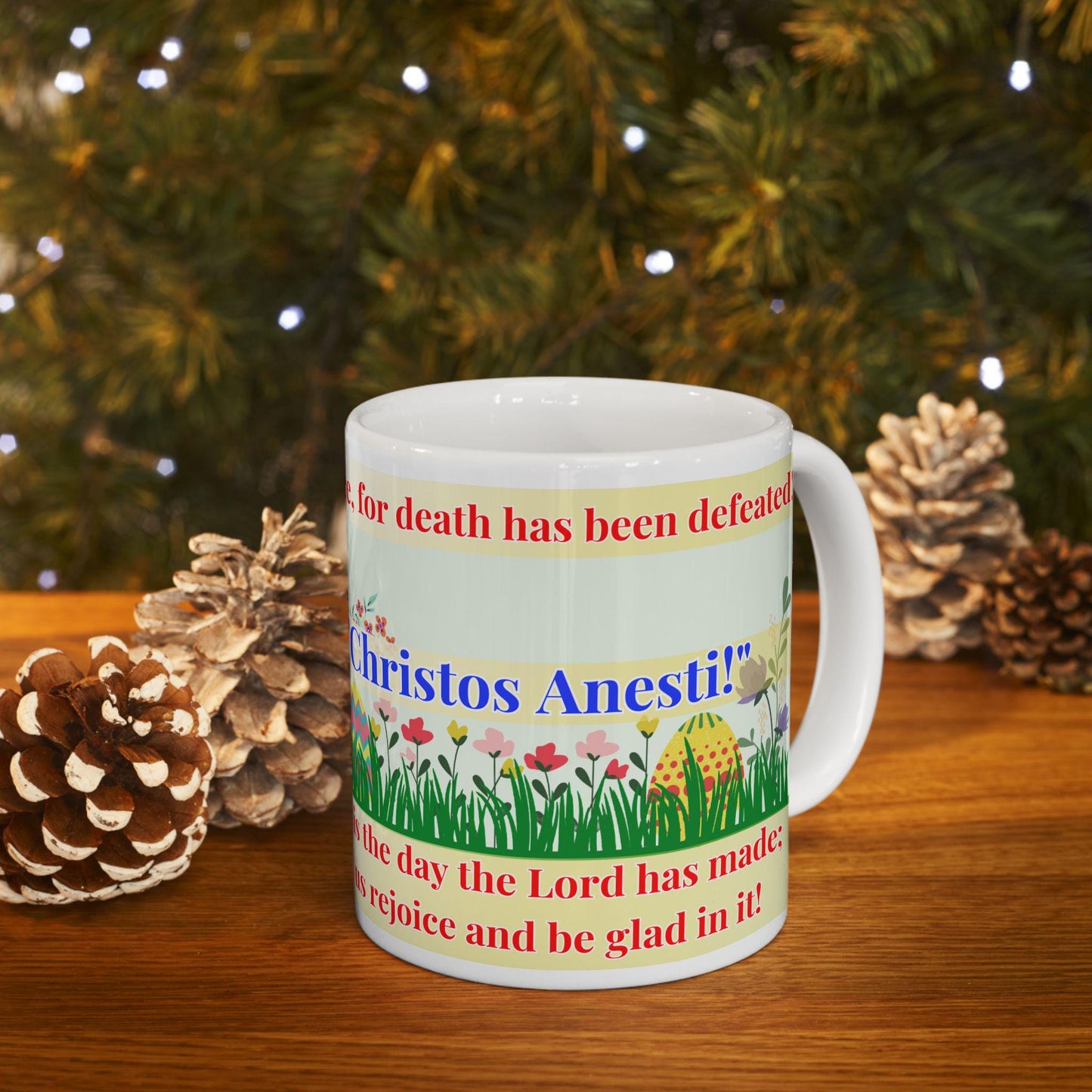 Orthodox Easter ceramic mug featuring a vibrant Resurrection of Christ design. Durable, microwave- and dishwasher-safe, perfect for coffee, tea, or as a meaningful gift for Paschal celebrations