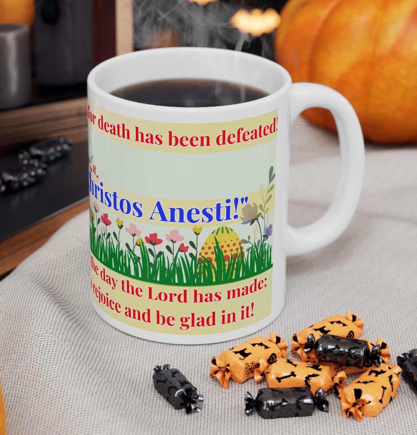 Orthodox Easter ceramic mug featuring a vibrant Resurrection of Christ design. Durable, microwave- and dishwasher-safe, perfect for coffee, tea, or as a meaningful gift for Paschal celebrations