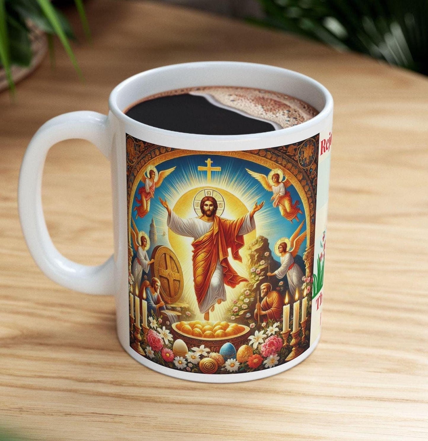Orthodox Easter ceramic mug featuring a vibrant Resurrection of Christ design. Durable, microwave- and dishwasher-safe, perfect for coffee, tea, or as a meaningful gift for Paschal celebrations