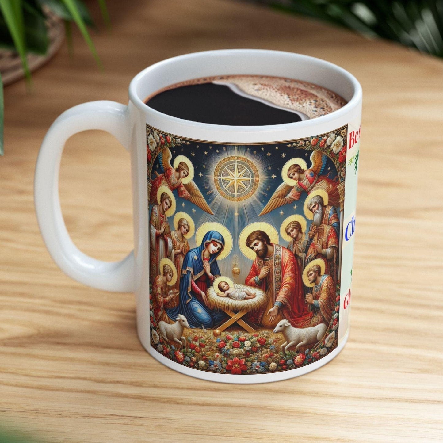 Orthodox Christmas ceramic mug featuring festive Nativity design and holiday elements. Durable, microwave- and dishwasher-safe, perfect for coffee, tea, or as a meaningful gift for Orthodox Christmas celebrations