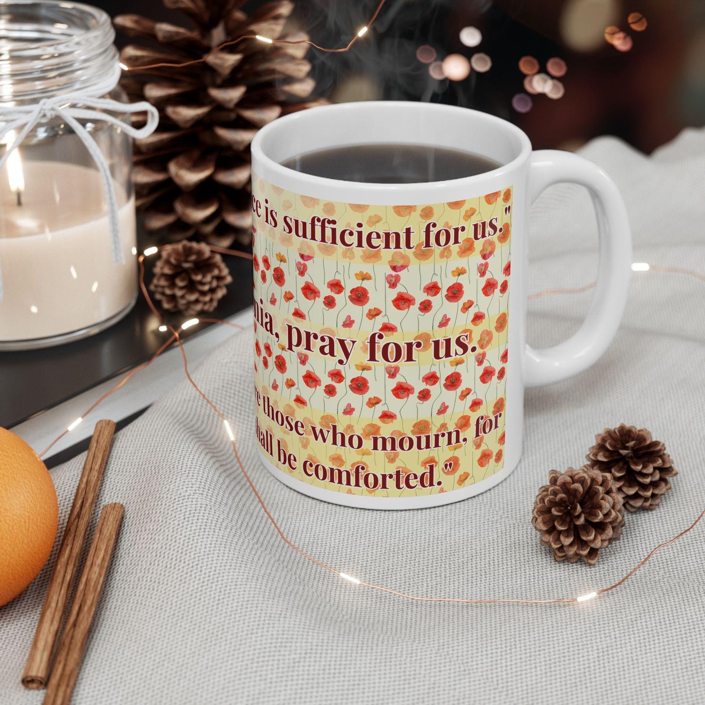 Saint Xenia of St. Petersburg 11oz ceramic mug with a detailed Orthodox Christian design. Durable, microwave- and dishwasher-safe, perfect for coffee, tea, or as a meaningful gift for baptisms, name days, or celebrations of faith