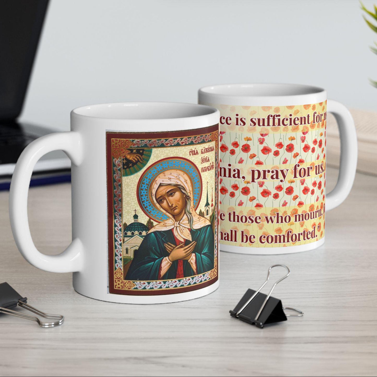 Saint Xenia of St. Petersburg 11oz ceramic mug with a detailed Orthodox Christian design. Durable, microwave- and dishwasher-safe, perfect for coffee, tea, or as a meaningful gift for baptisms, name days, or celebrations of faith