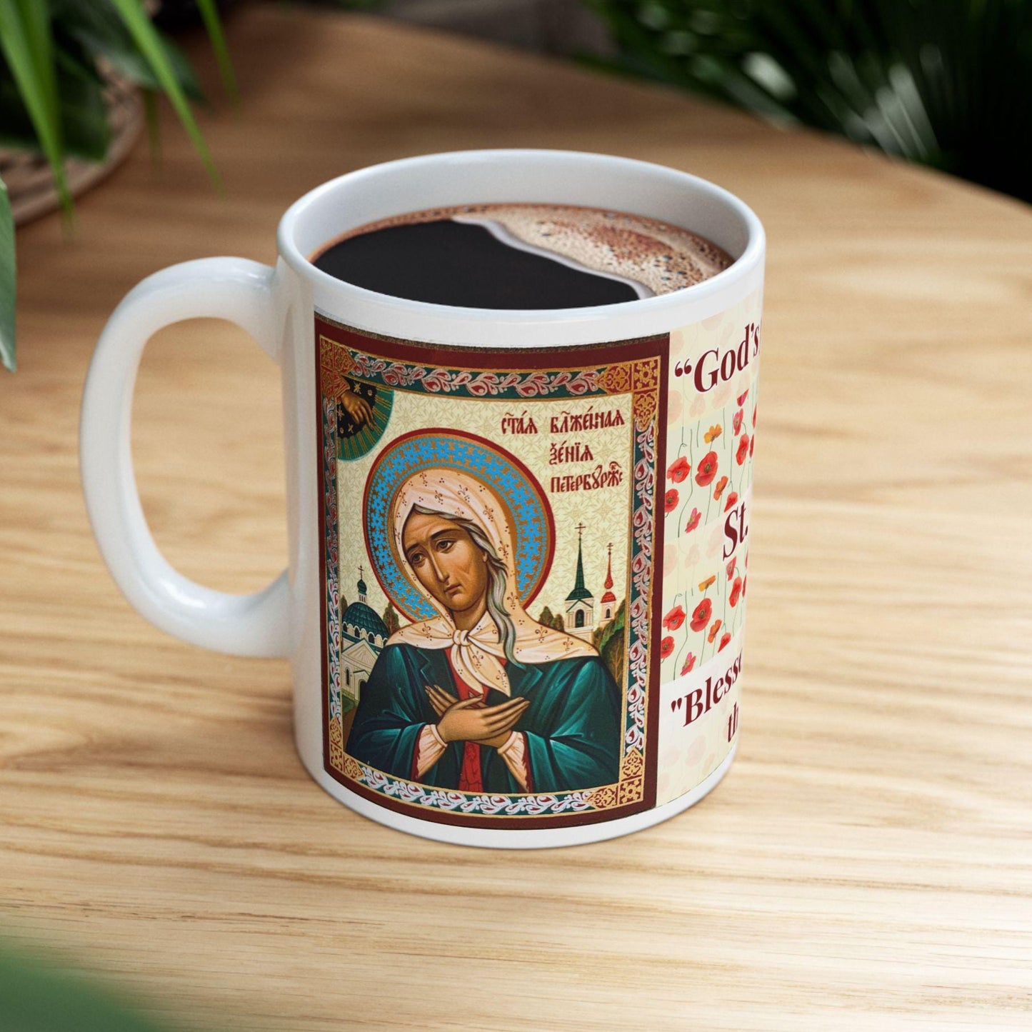 Saint Xenia of St. Petersburg 11oz ceramic mug with a detailed Orthodox Christian design. Durable, microwave- and dishwasher-safe, perfect for coffee, tea, or as a meaningful gift for baptisms, name days, or celebrations of faith