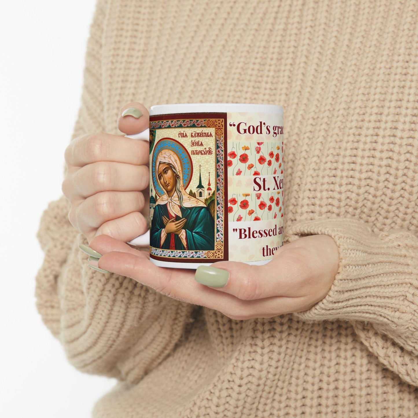 Saint Xenia of St. Petersburg 11oz ceramic mug with a detailed Orthodox Christian design. Durable, microwave- and dishwasher-safe, perfect for coffee, tea, or as a meaningful gift for baptisms, name days, or celebrations of faith