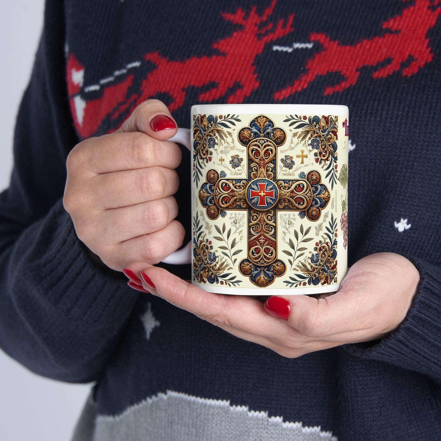Romanian Orthodox Christian 11oz ceramic mug with a faith-inspired design. Durable, microwave- and dishwasher-safe, perfect for coffee, tea, or as a thoughtful gift for baptisms, name days, or Romanian Orthodox celebrations