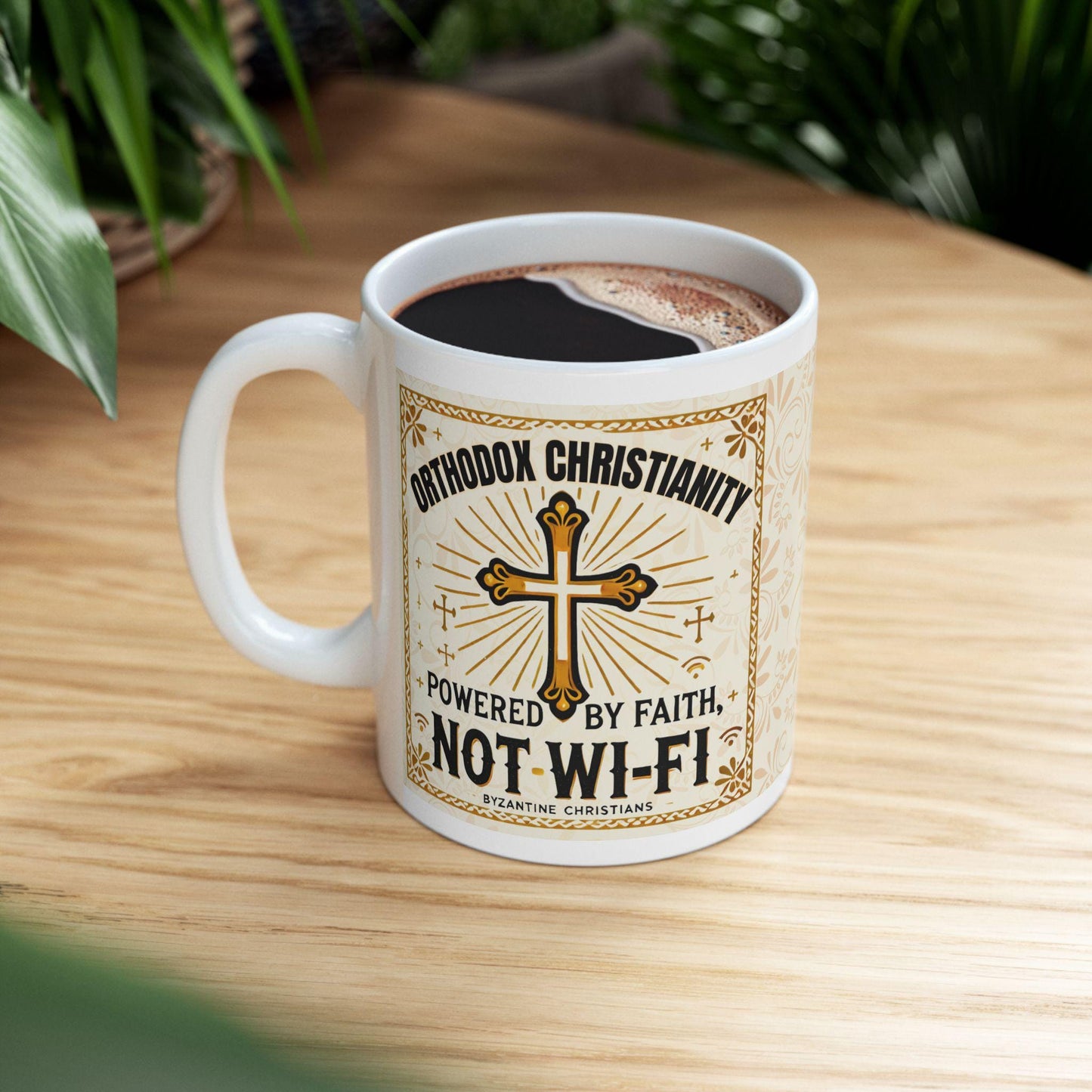 11oz white ceramic mug featuring the humorous phrase 'Orthodox Christian Keeping it Real Since 33AD.' Durable, microwave- and dishwasher-safe, perfect for coffee or tea, and a great gift for Orthodox Christians