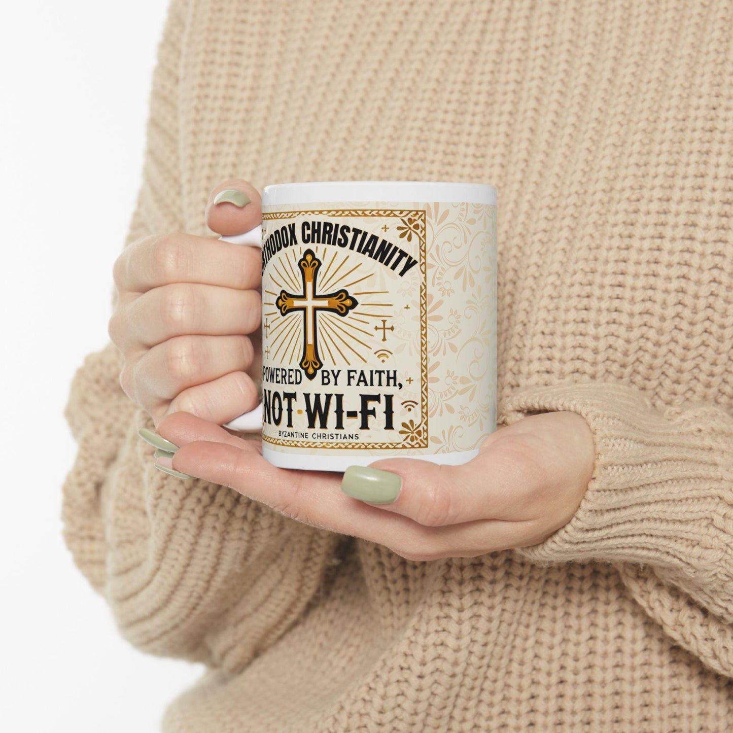 11oz white ceramic mug featuring the humorous phrase 'Orthodox Christian Keeping it Real Since 33AD.' Durable, microwave- and dishwasher-safe, perfect for coffee or tea, and a great gift for Orthodox Christians