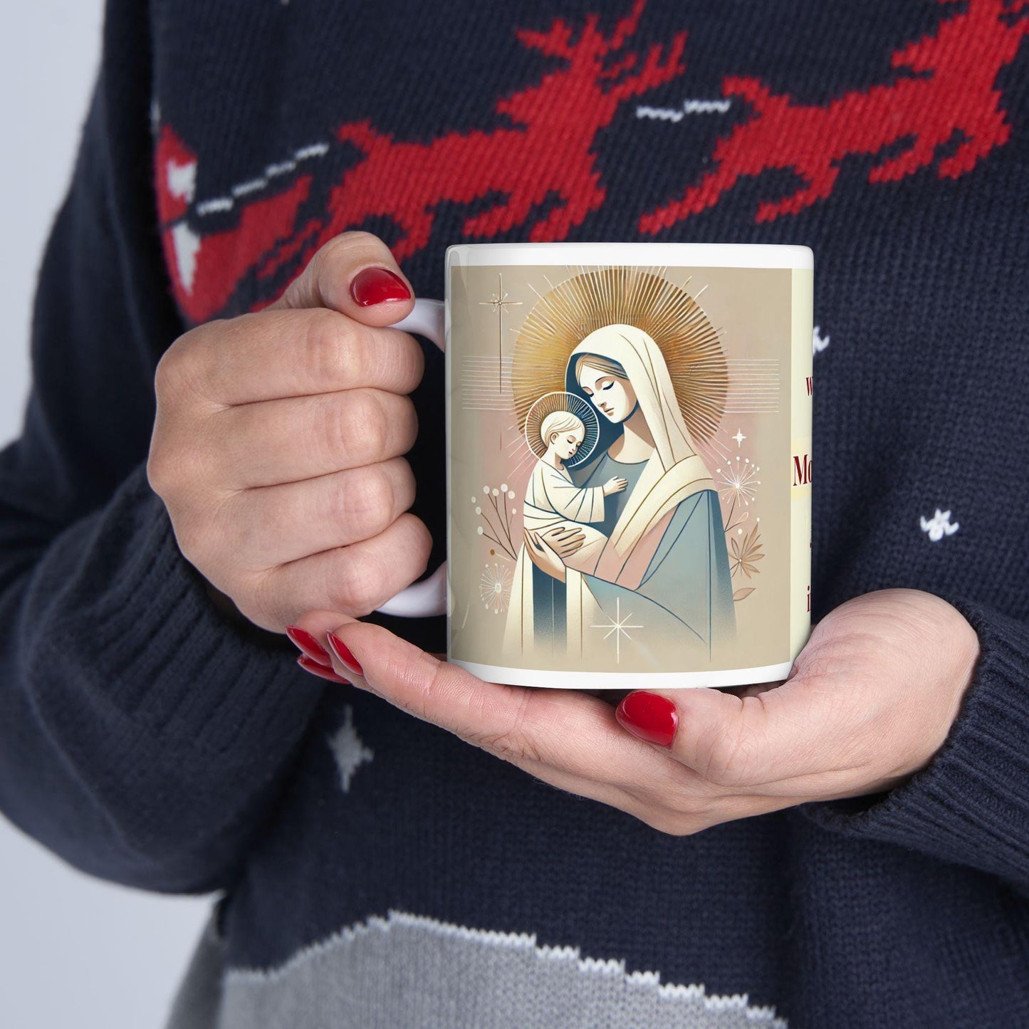 Orthodox Christian ceramic mug featuring a vibrant St. Theotokos design. Perfect for coffee, tea, or as a meaningful gift for Christmas, baptisms, and name days. 11oz white ceramic mug with a durable AAA+ ORCA coating, microwave- and dishwasher-safe