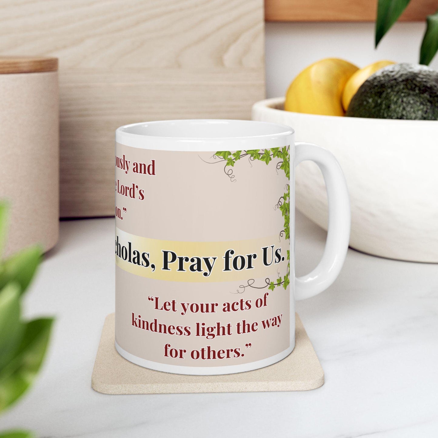 Orthodox Christian ceramic mug featuring a vibrant St. Nicholas design. Perfect for coffee, tea, or as a meaningful gift for Christmas, baptisms, and name days. 11oz white ceramic mug with a durable AAA+ ORCA coating, microwave- and dishwasher-safe
