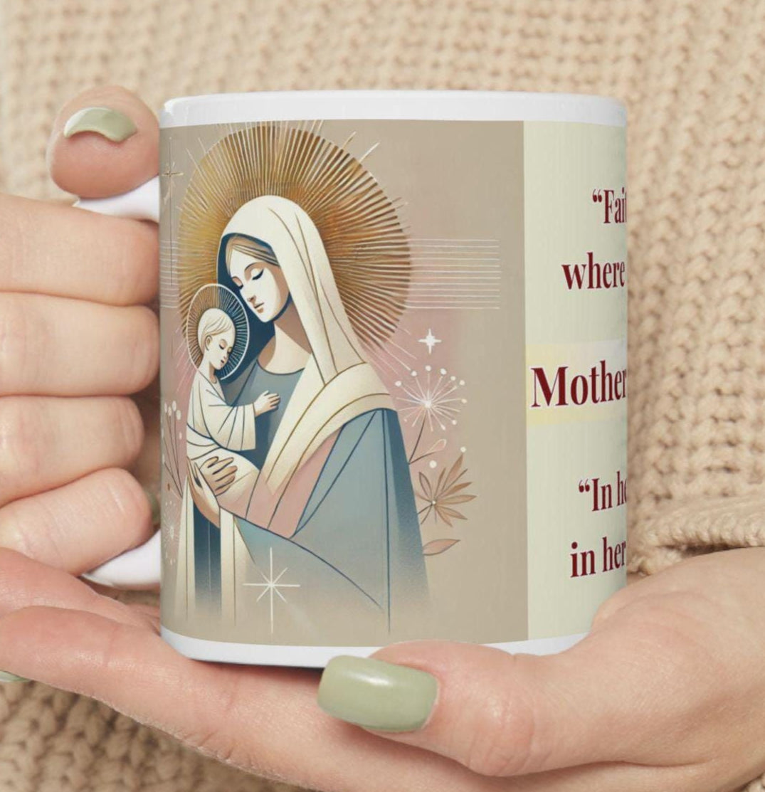 Orthodox Christian ceramic mug featuring a vibrant St. Theotokos design. Perfect for coffee, tea, or as a meaningful gift for Christmas, baptisms, and name days. 11oz white ceramic mug with a durable AAA+ ORCA coating, microwave- and dishwasher-safe