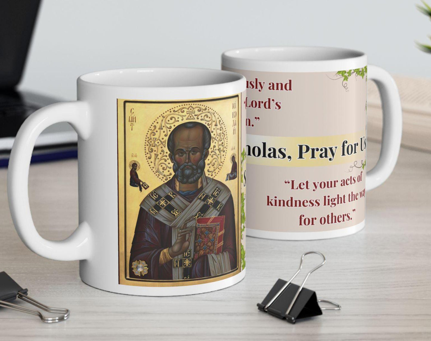 Orthodox Christian ceramic mug featuring a vibrant St. Nicholas design. Perfect for coffee, tea, or as a meaningful gift for Christmas, baptisms, and name days. 11oz white ceramic mug with a durable AAA+ ORCA coating, microwave- and dishwasher-safe