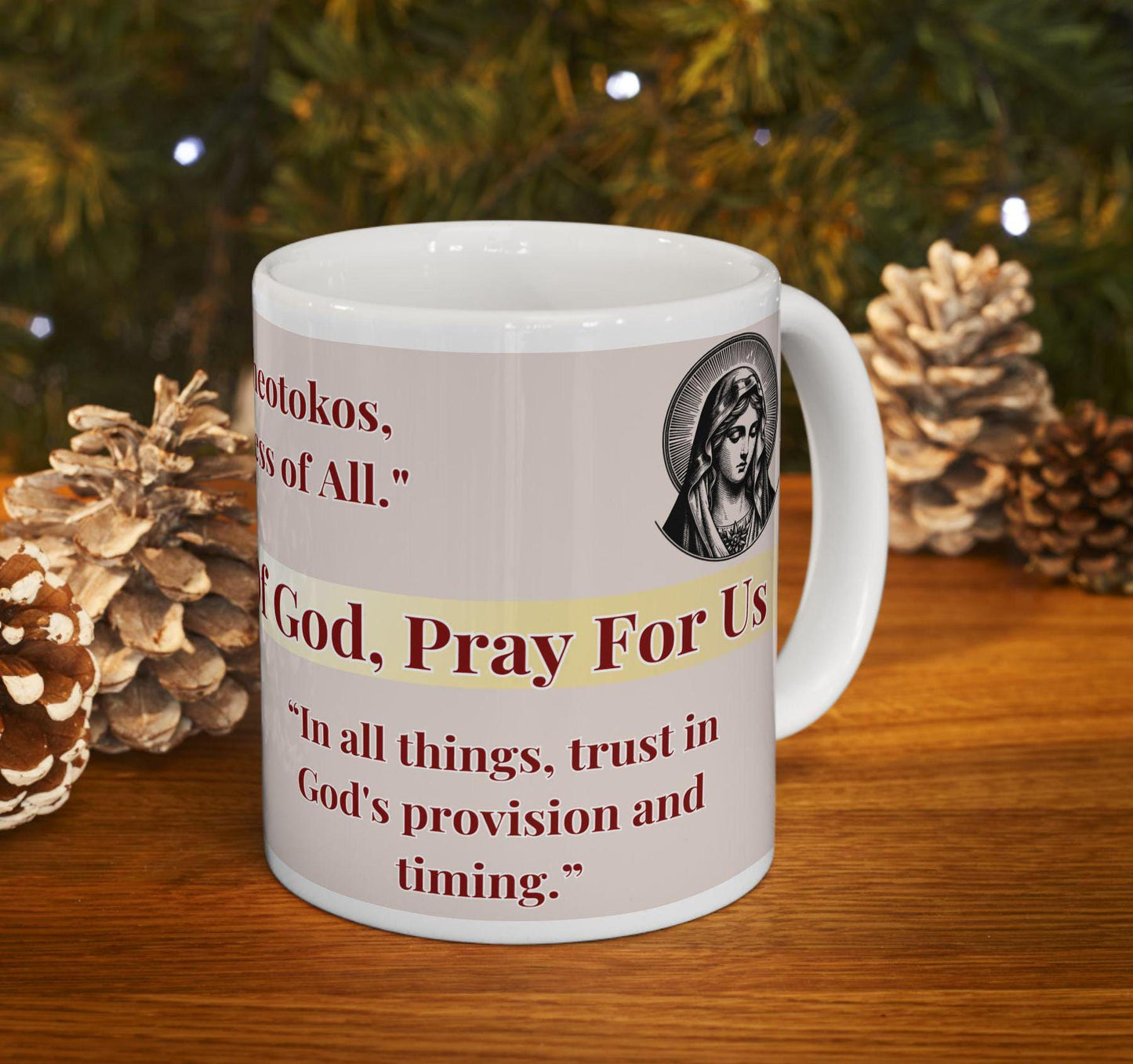 Orthodox Christian ceramic mug featuring a vibrant St. Theotokos design. Perfect for coffee, tea, or as a meaningful gift for Christmas, baptisms, and name days. 11oz white ceramic mug with a durable AAA+ ORCA coating, microwave- and dishwasher-safe
