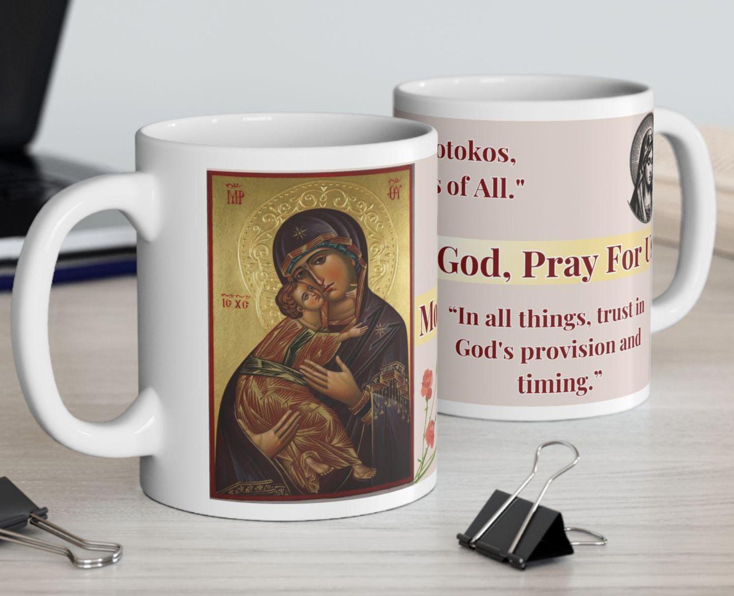 Orthodox Christian ceramic mug featuring a vibrant St. Theotokos design. Perfect for coffee, tea, or as a meaningful gift for Christmas, baptisms, and name days. 11oz white ceramic mug with a durable AAA+ ORCA coating, microwave- and dishwasher-safe