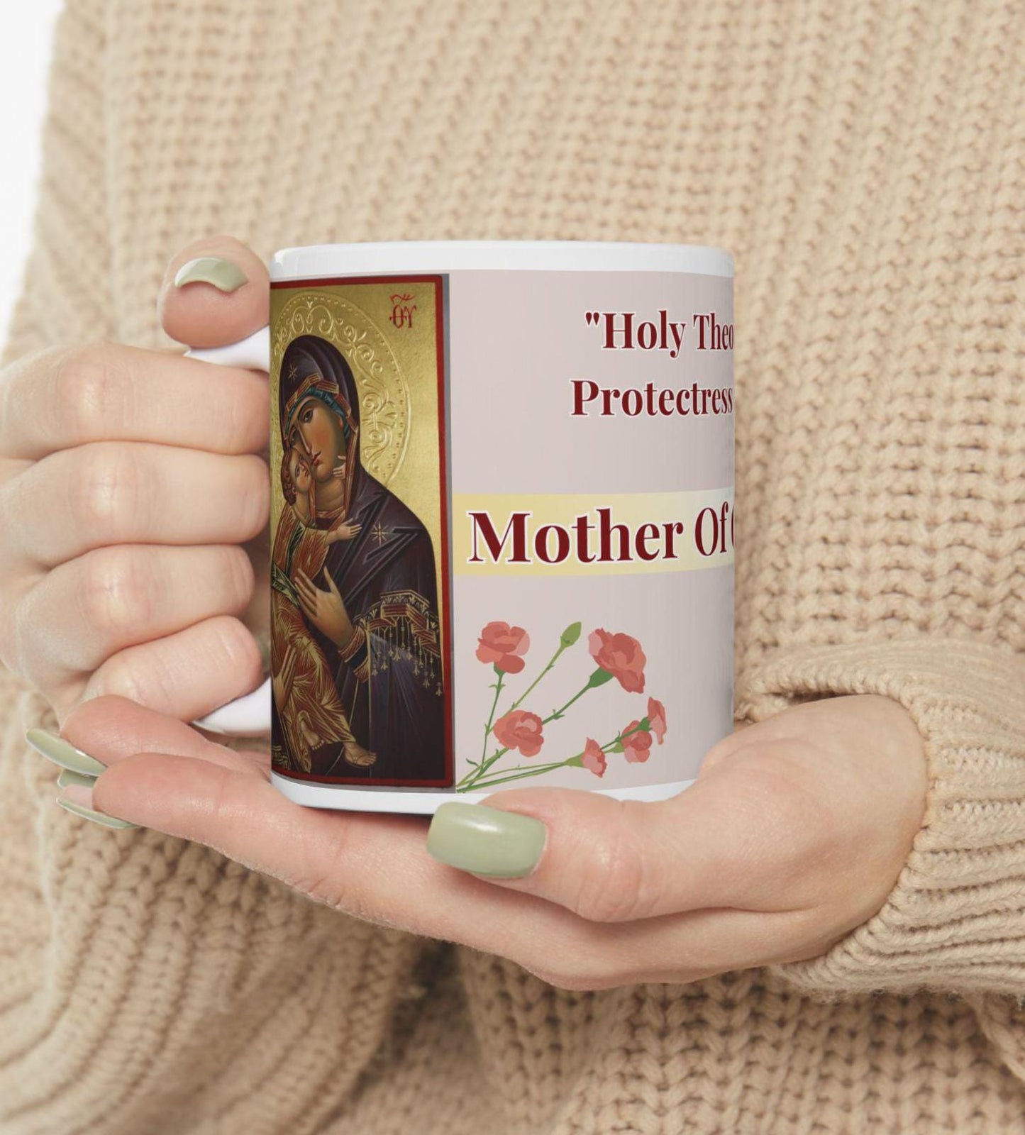 Orthodox Christian ceramic mug featuring a vibrant St. Theotokos design. Perfect for coffee, tea, or as a meaningful gift for Christmas, baptisms, and name days. 11oz white ceramic mug with a durable AAA+ ORCA coating, microwave- and dishwasher-safe